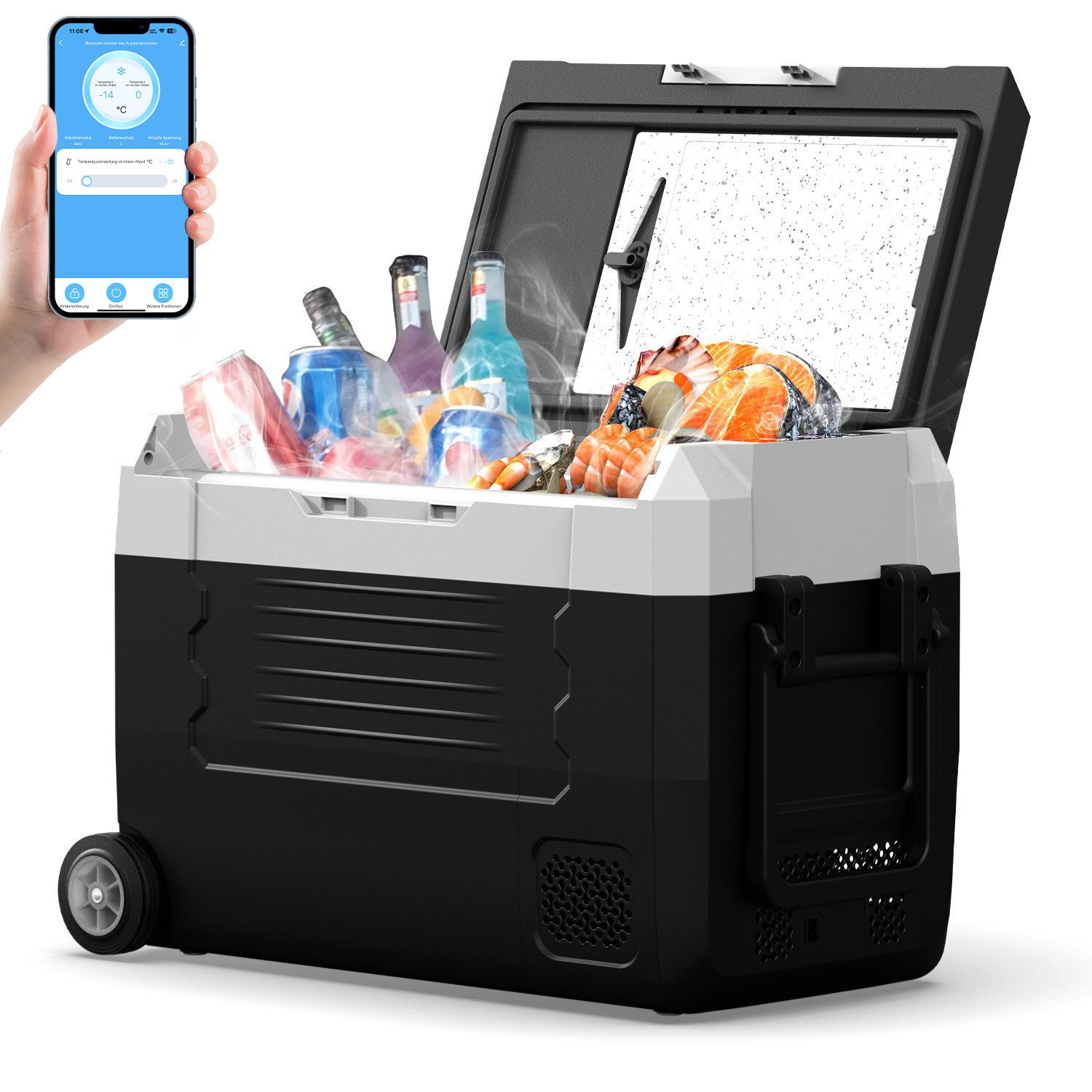 oyajia Elektrische Kühlbox Kompressor Gefriertruhe mobiler Kühlschrank, Kühltruhe, Gefrierbox, 35 l, Dual-Zone (20°C bis +20°C), 12V/24V/230V – mit Rollen, Trennwand
