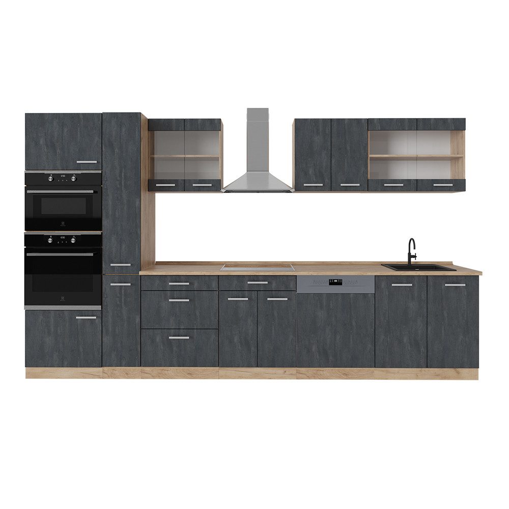 Livinity® Küchenzeile R-Line, Schwarz Beton/Goldkraft Eiche, 350 cm ohne Arbeitsplatte