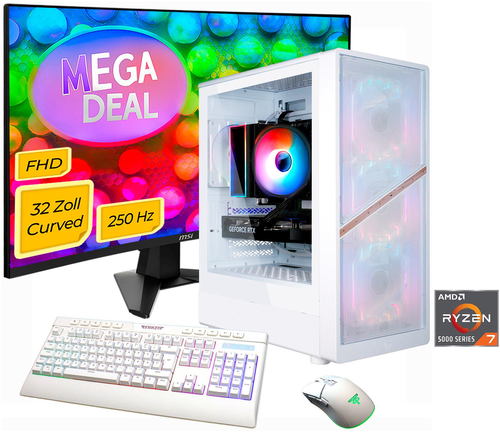 GAMEMAX MegaDeal AERIS MW 2877 AMD Ryzen 7 5700X 32GB 1TB SSD RTX 5060Ti Gaming-PC-Komplettsystem (32", AMD Ryzen 7 5700X, RTX 5060 Ti, 32 GB RAM, 1000 GB SSD, Windows 11 + MSI MAG 32C6X Curved Monitor 80cm (32)