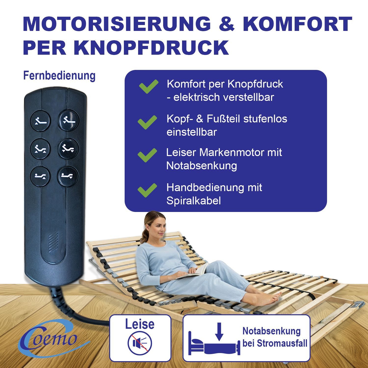 Lattenrost ERGO KF MOTOR, Coemo, Kopfteil motorisch verstellbar, Fußteil motorisch verstellbar, 70 x 200 cm elektrischer Lattenrost stufenlos verstellbar, Not-Aus
