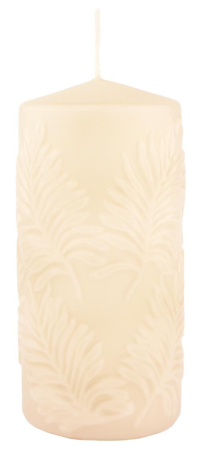 INNA-Glas Stumpenkerze Blockkerze MATHIEU mit Palmblatt Motiv, creme, 15cm, Ø7cm, 63h