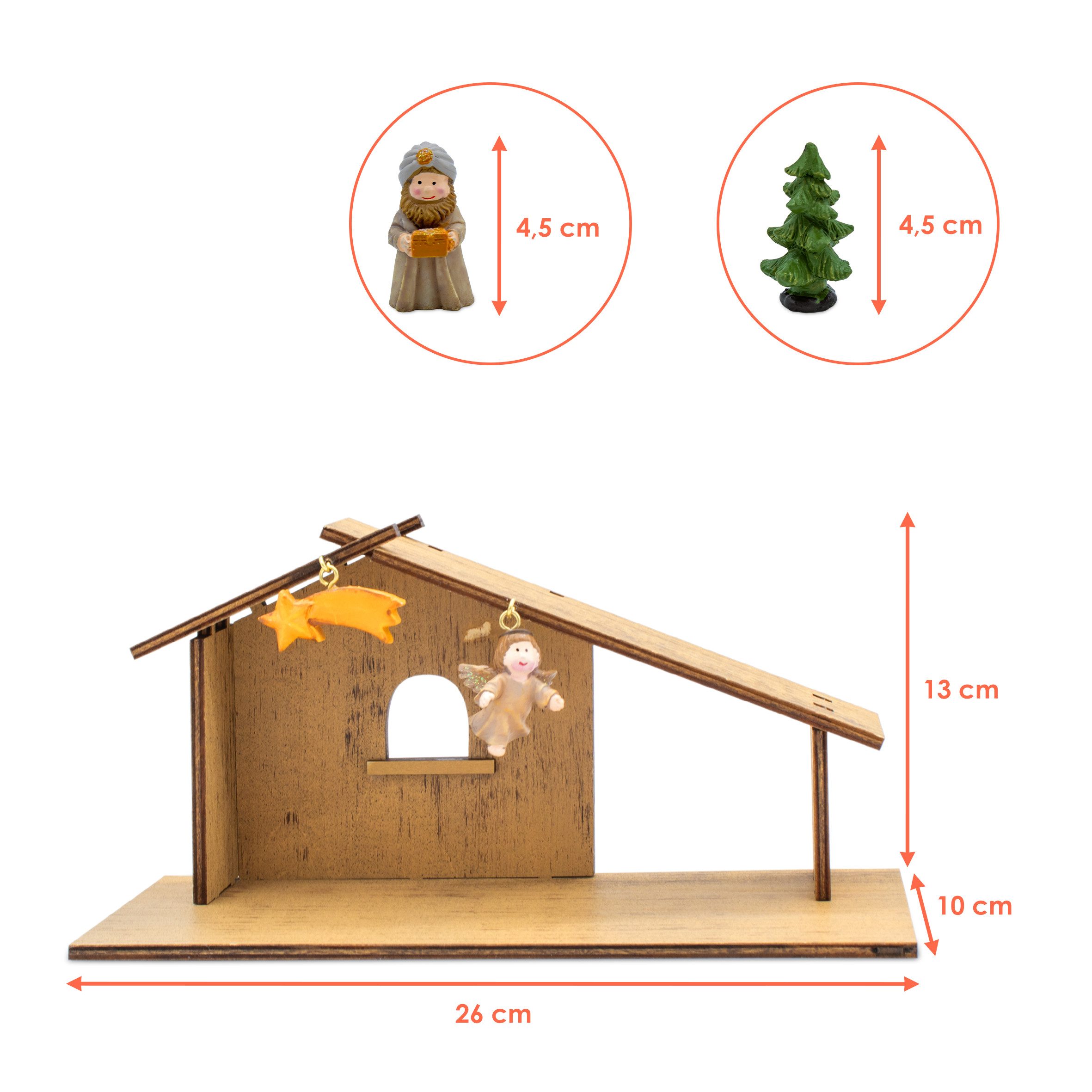 Spetebo Krippe Holz Tischkrippe mit 24 Figuren aus Kunststein (1-tlg), nutzbar als Adventskalender