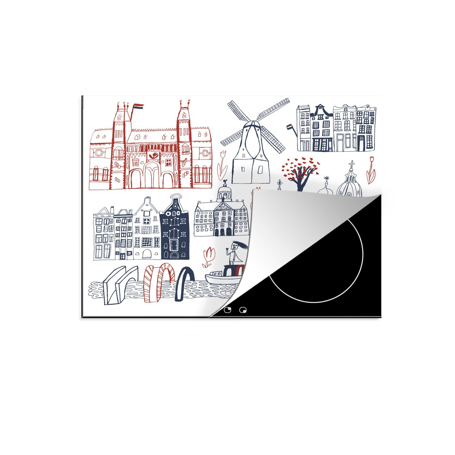 MuchoWow Herdblende-/Abdeckplatte Illustration von Gebäuden in Amsterdam, Vinyl, (1 tlg), 60x52 cm, Mobile Arbeitsfläche nutzbar, Ceranfeldabdeckung