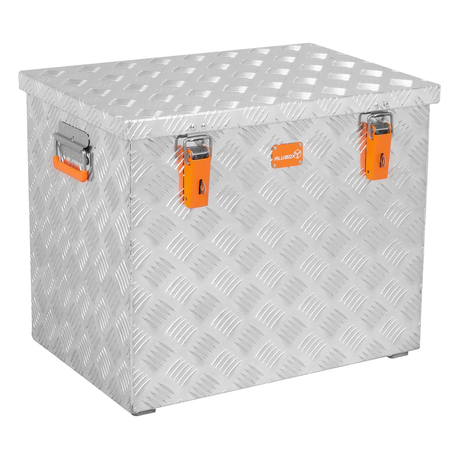ALUBOX Aufbewahrungsbox aus Aluminiumriffelblech massiv Transportkiste (120 Liter), Fangbänder & Gasdruckdämpfer im Deckel
