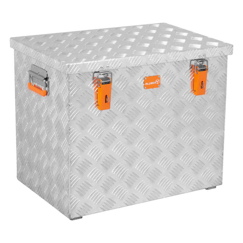 ALUBOX Aufbewahrungsbox aus Aluminiumriffelblech massiv Transportkiste (120 Liter), Fangbänder & Gasdruckheber im Deckel