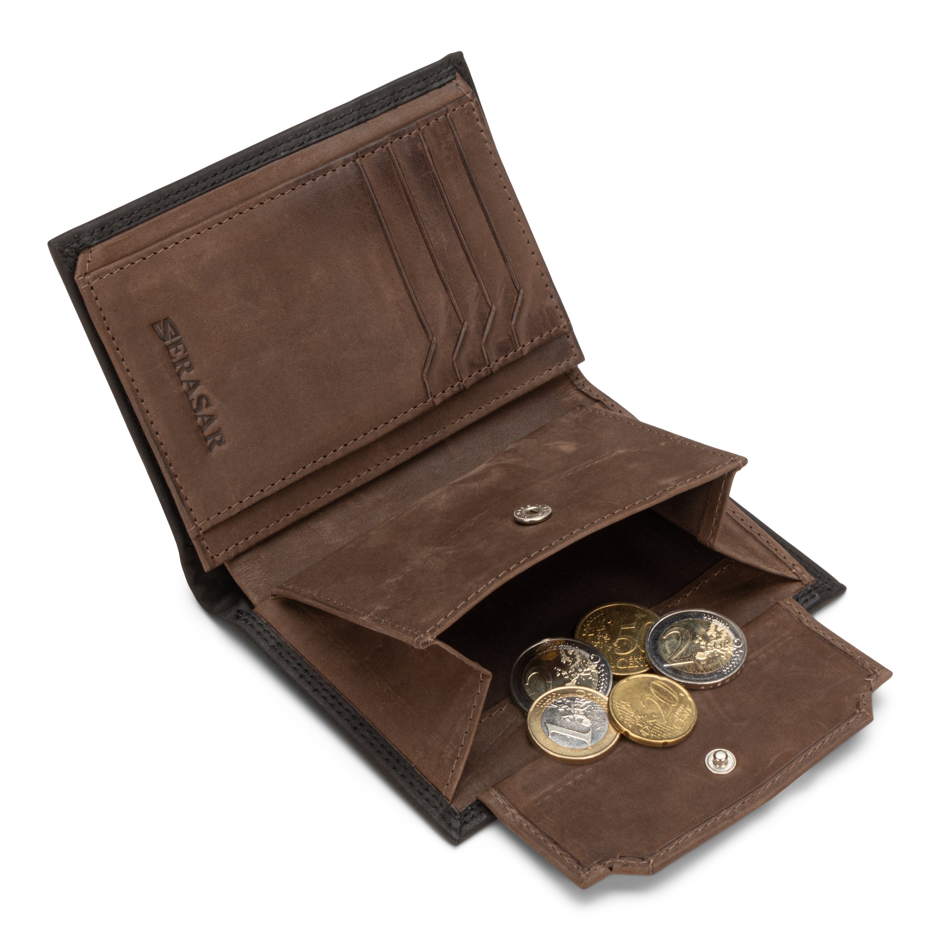 SERASAR Geldbörse gegen mit aus Echtleder "Vintage" (1-tlg), Geschenkbox RFID-Schutz inkl. Datenklau Schwarz/Braun Geldbörse