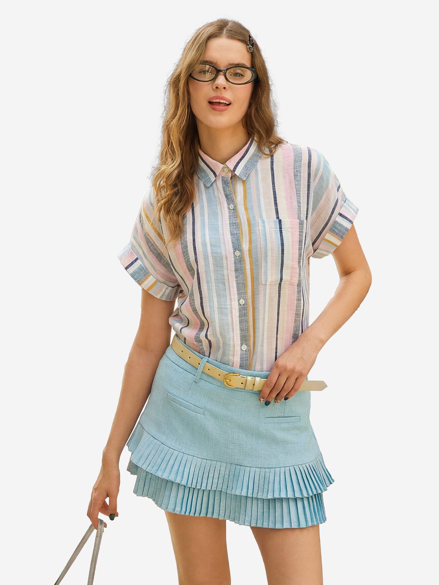 Imily Bela Hemdbluse Damen gestreifte Bluse mit Knopfleiste (Packung, 1-tlg., 1per-Pack) Brusttasche