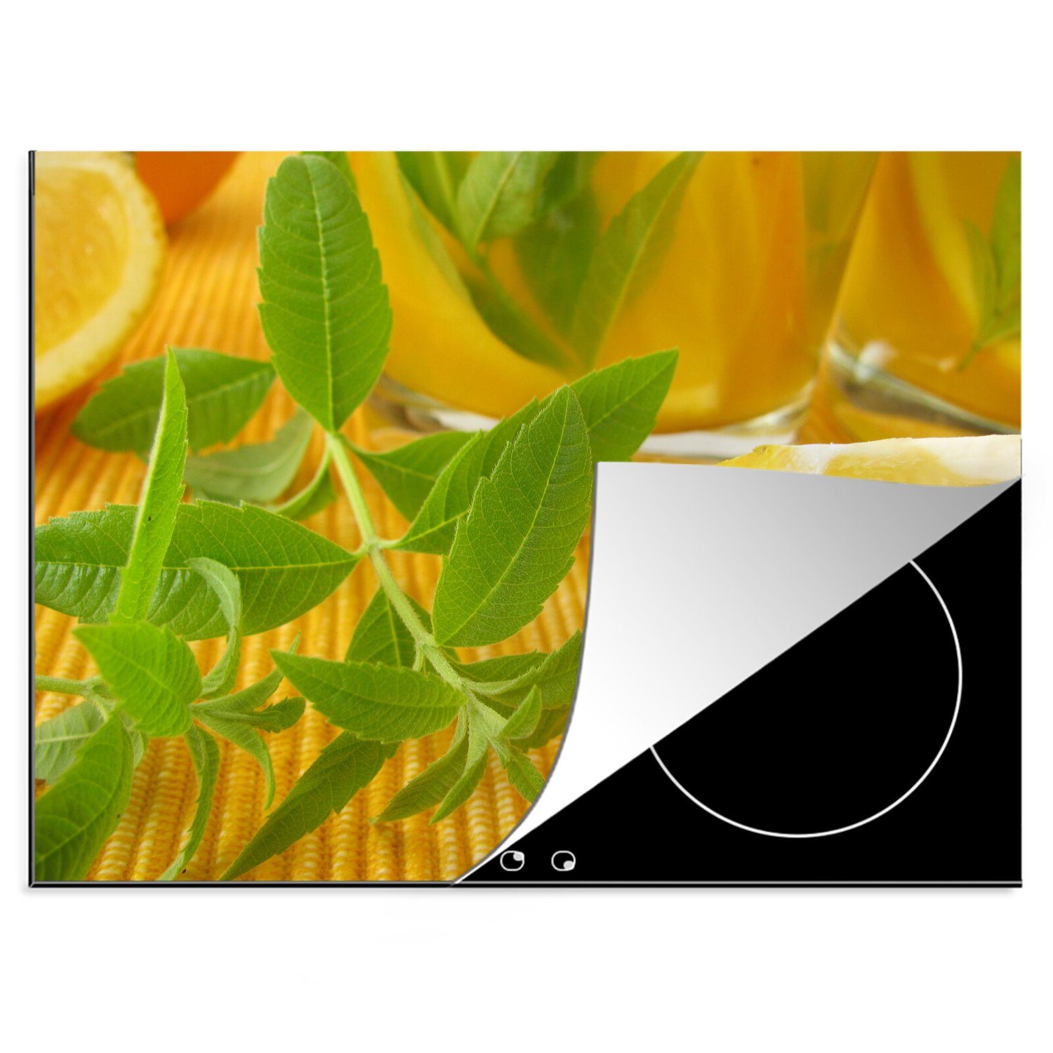 MuchoWow Herdblende-/Abdeckplatte Tisch mit einem Zweig Zitronenverbene im gelben Rahmen, Vinyl, (1 tlg), 70x52 cm, Mobile Arbeitsfläche nutzbar, Ceranfeldabdeckung