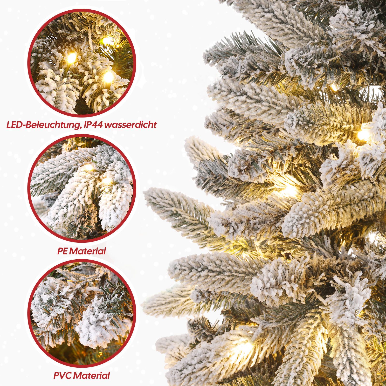 Yorbay Künstlicher Weihnachtsbaum Künstlicher Slim Tannenbaum aus PE und PVC, mit LED Beleuchtung, 180 / 210 cm auswählbar, mit Ständer, Schneeflocken, Schlankes Design, Weihnachtsbaum Christbaum für Weihnachten-Dekoration