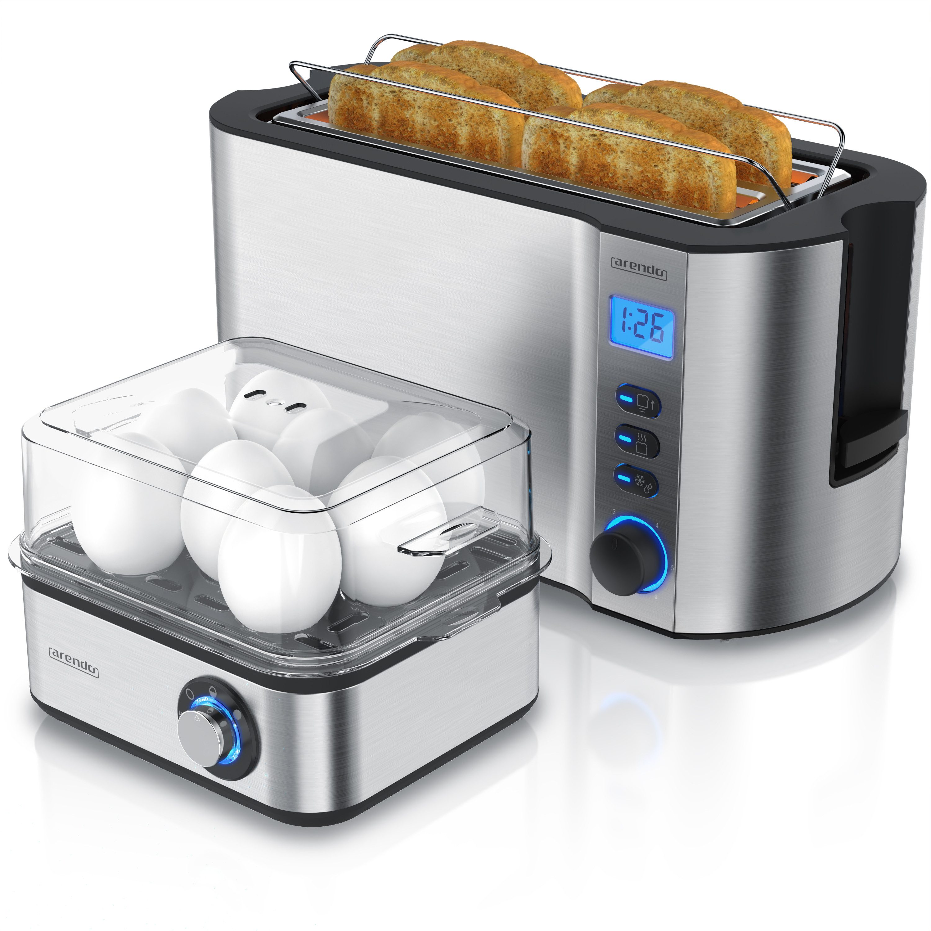 Arendo Frühstücks-Set (2-tlg), 4-Scheiben Langschlitz Toaster, 8er Eierkocher, Silber