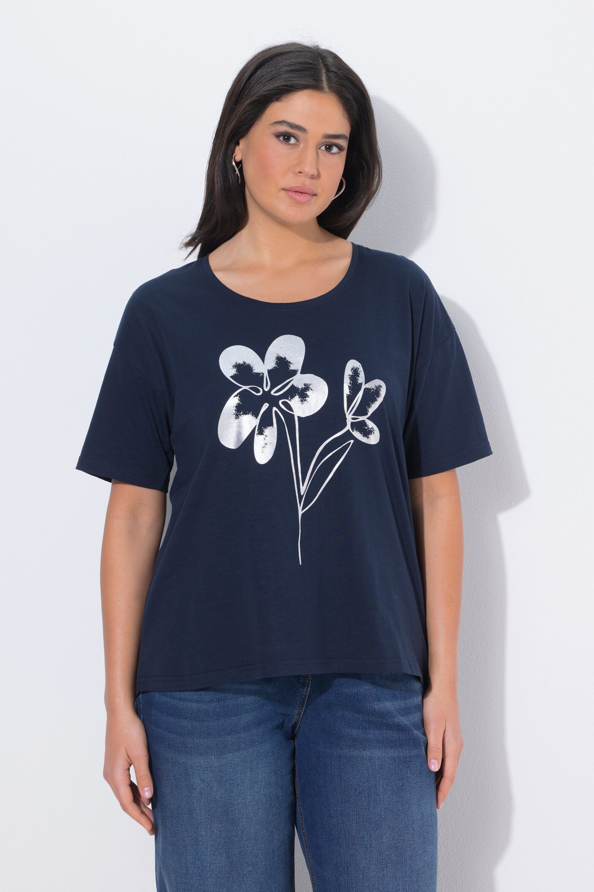 T-Shirt T-Shirt Blüten Oversized V-Ausschnitt Halbarm
