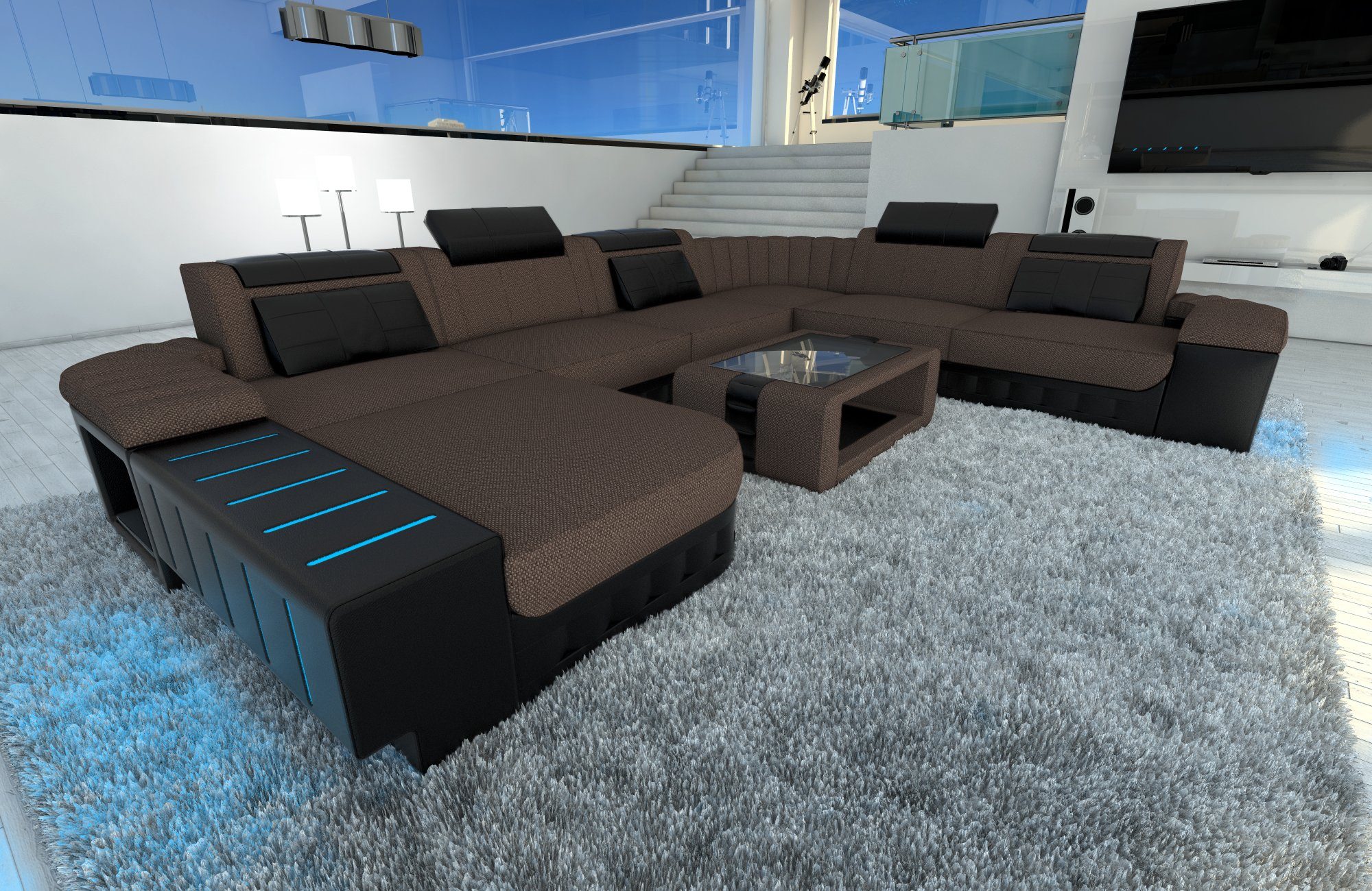 Bellagio Stoffsofa, U Wohnlandschaft mit Couch Bettfunktion Form Schlafsofa, mit Braun-Schwarz wahlweise LED, als H8 Stoff XXL Dreams Designersofa Sofa Sofa Polster