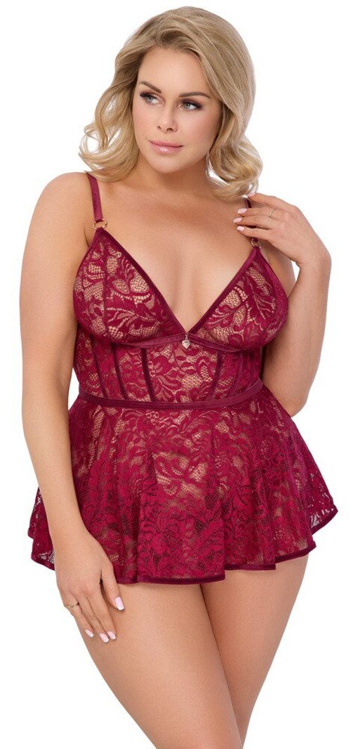 Cottelli CURVES Negligé Babydoll und Ouvert-Slip aus Spitze - rot (2-tlg) Slip einladend offen im Schritt