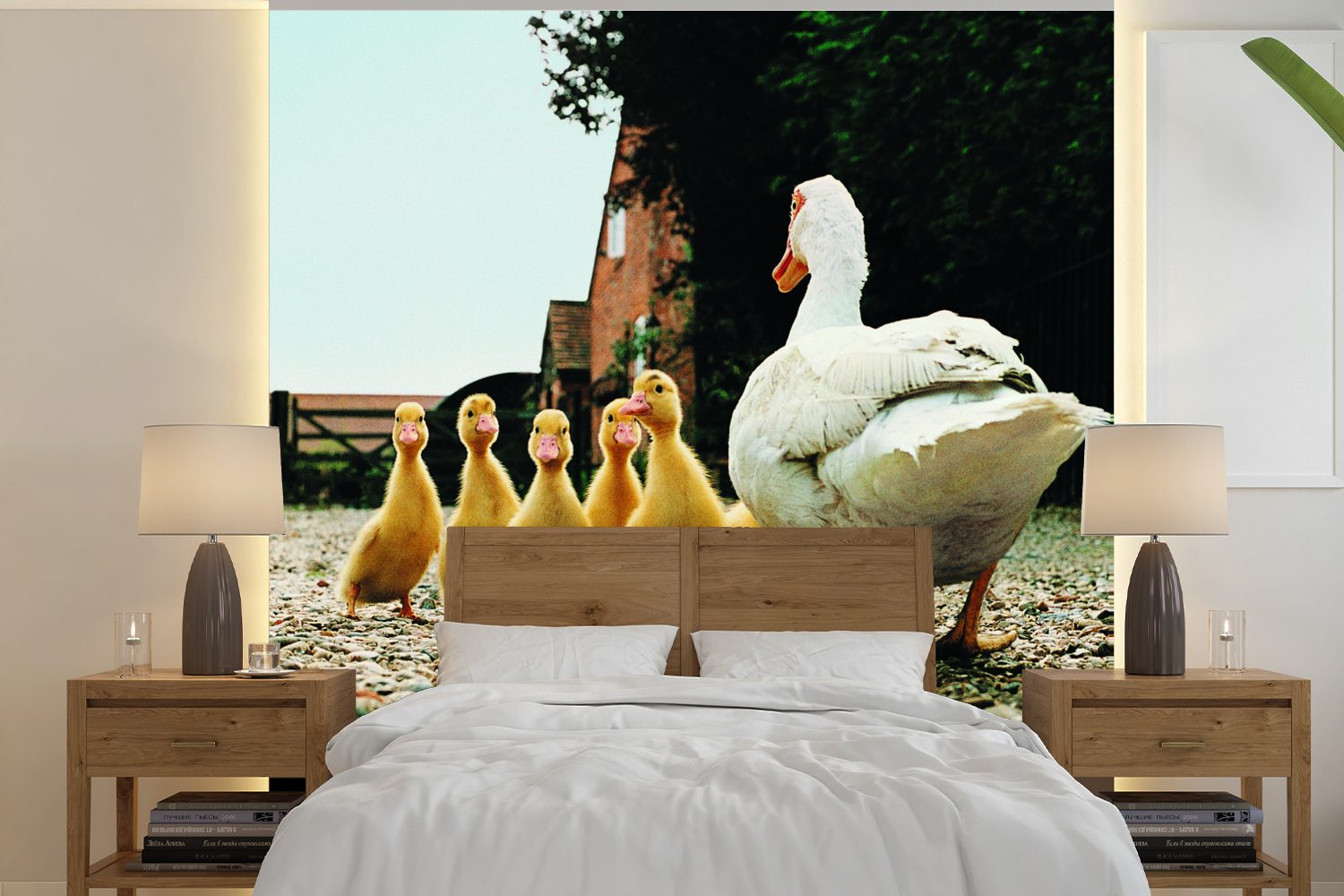 MuchoWow Fototapete Ente mit Jungen, Matt, bedruckt, (5 St), Vinyl Tapete für Wohnzimmer oder Schlafzimmer, Wandtapete