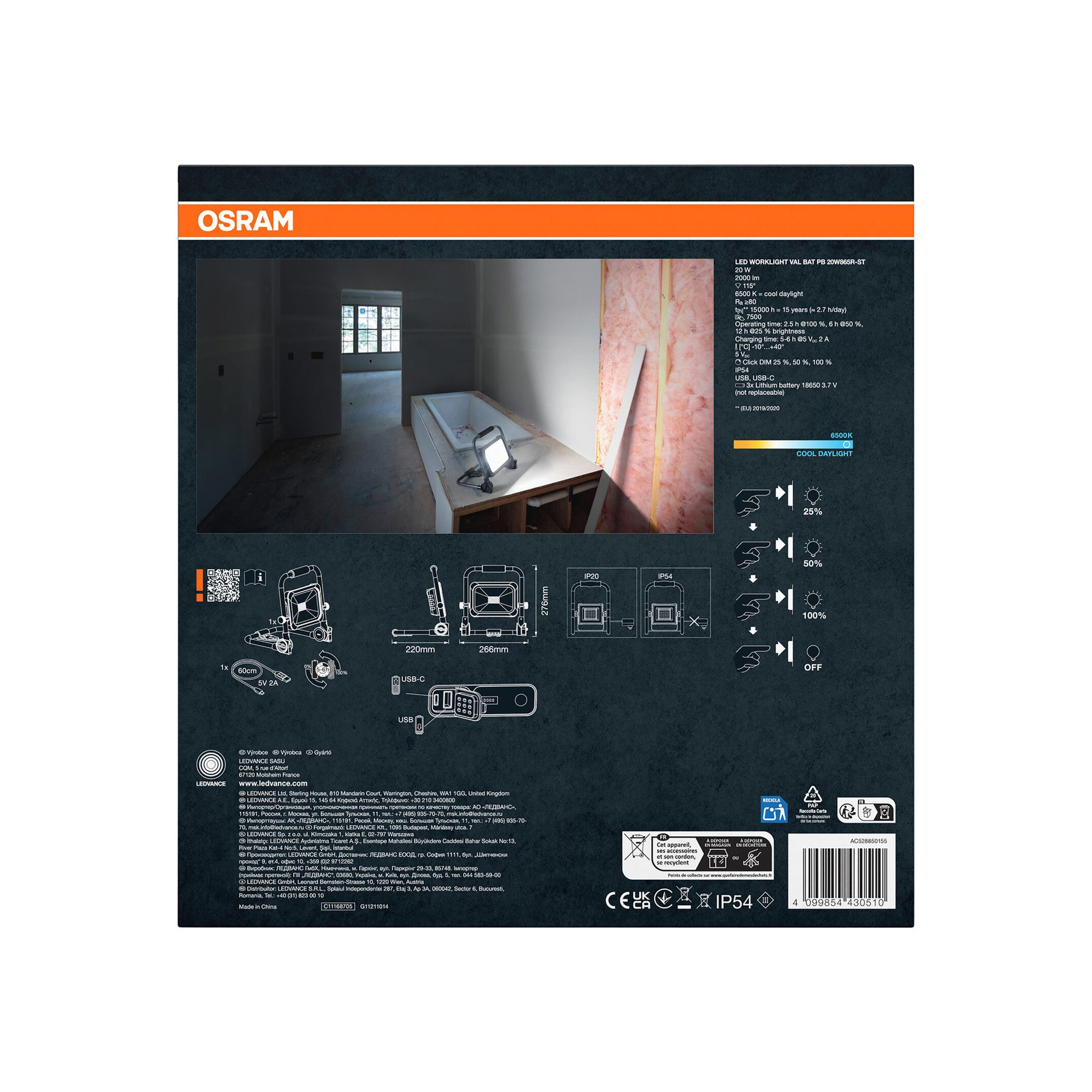 Osram LED Arbeitslicht OSRAM LED-Akku-Arbeitsleuchte, 20W, 6500K, 2000lm, kaltweiß, IP54