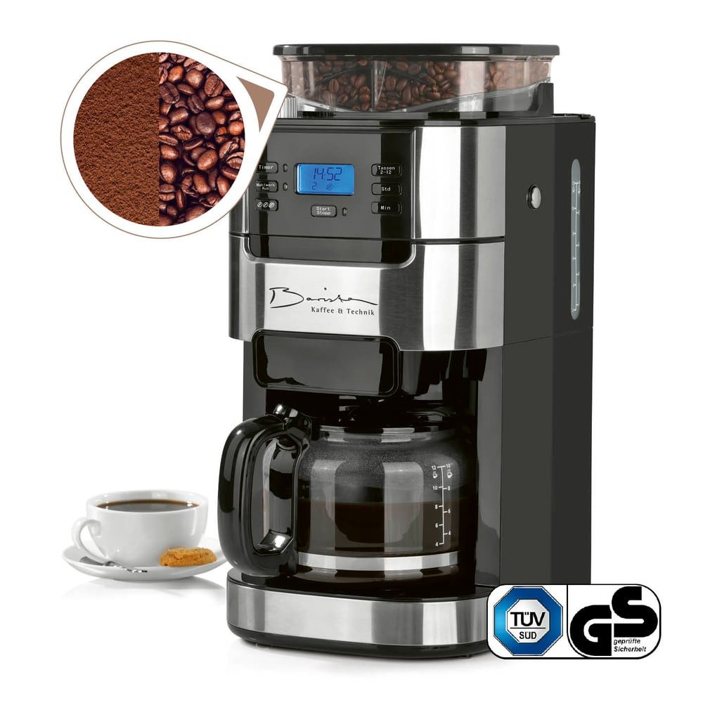 Barista Kaffeemaschine mit Mahlwerk mit verstellbarem Mahlwerk & Glaskanne, 24h Timer & Permanentfilter, 0.03l Kaffeekanne, Kaffeemaschine für Bohnen & Pulver