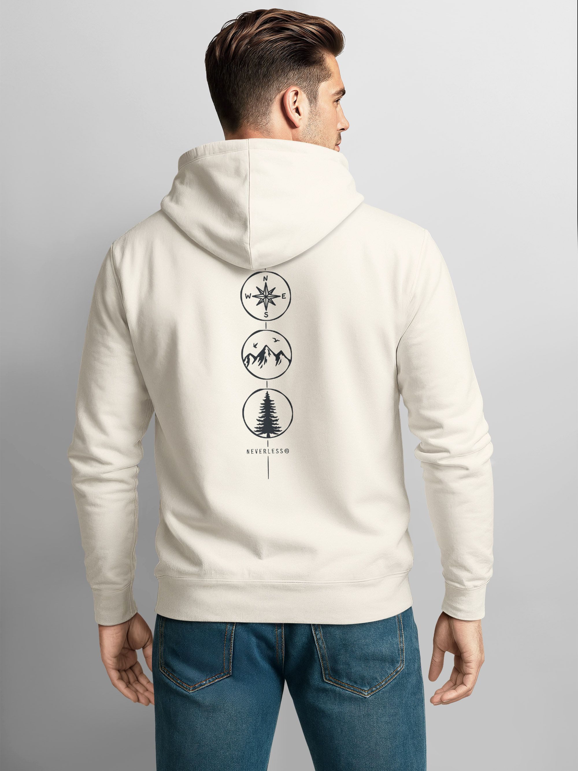 Neverless Hoodie Herren Hoodie Backprint Nature Symbole, Kompass, Berge, Baum