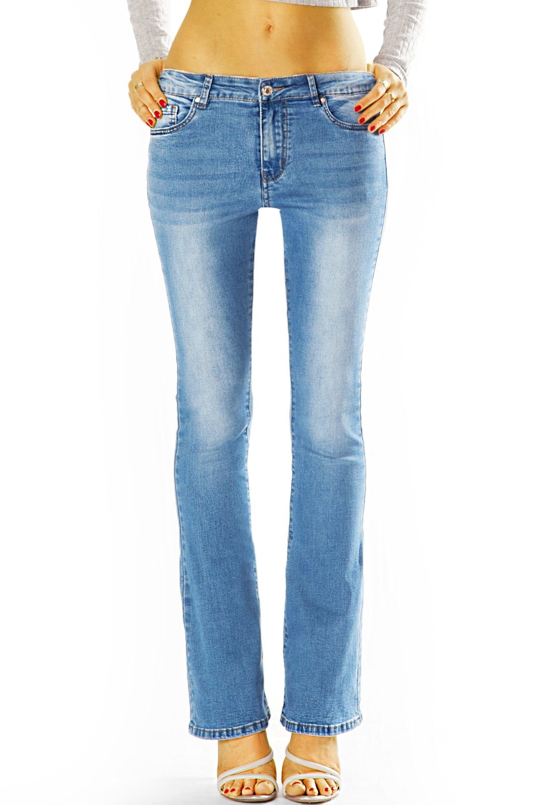 Stretch-Anteil, mit Bootcut-Jeans be - Hose Medium Waist Bootcut 5-Pocket-Style styled Damen Jeans - j13L Schlagjeans