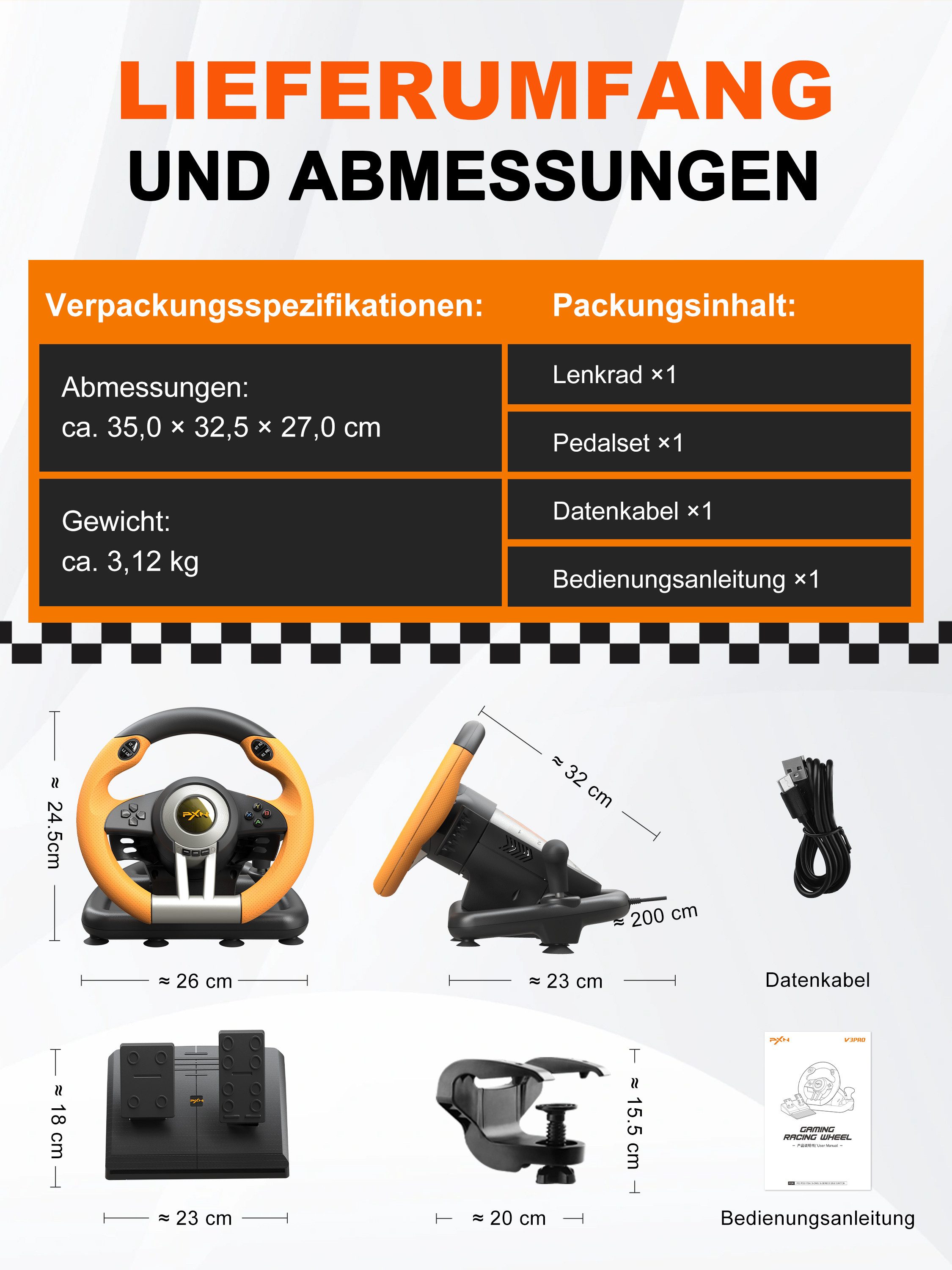 PXN V3 Pro Gaming-Rennlenkrad mit Pedalen, Dual-Motor-Vibration Gaming-Lenkrad (kompatibel mit PC, PS3, PS4, Xbox & Nintendo Switch)