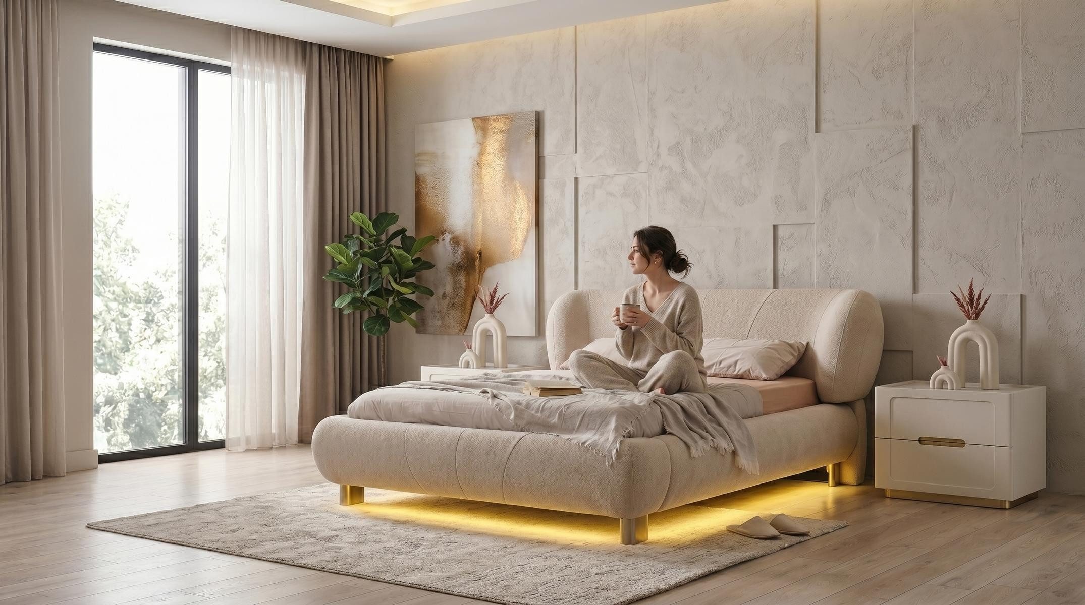 JVmoebel Polsterbett Bett mit LED-Beleuchtung Beige Modern Design Komfortabel Gemütlich, Made in Europa