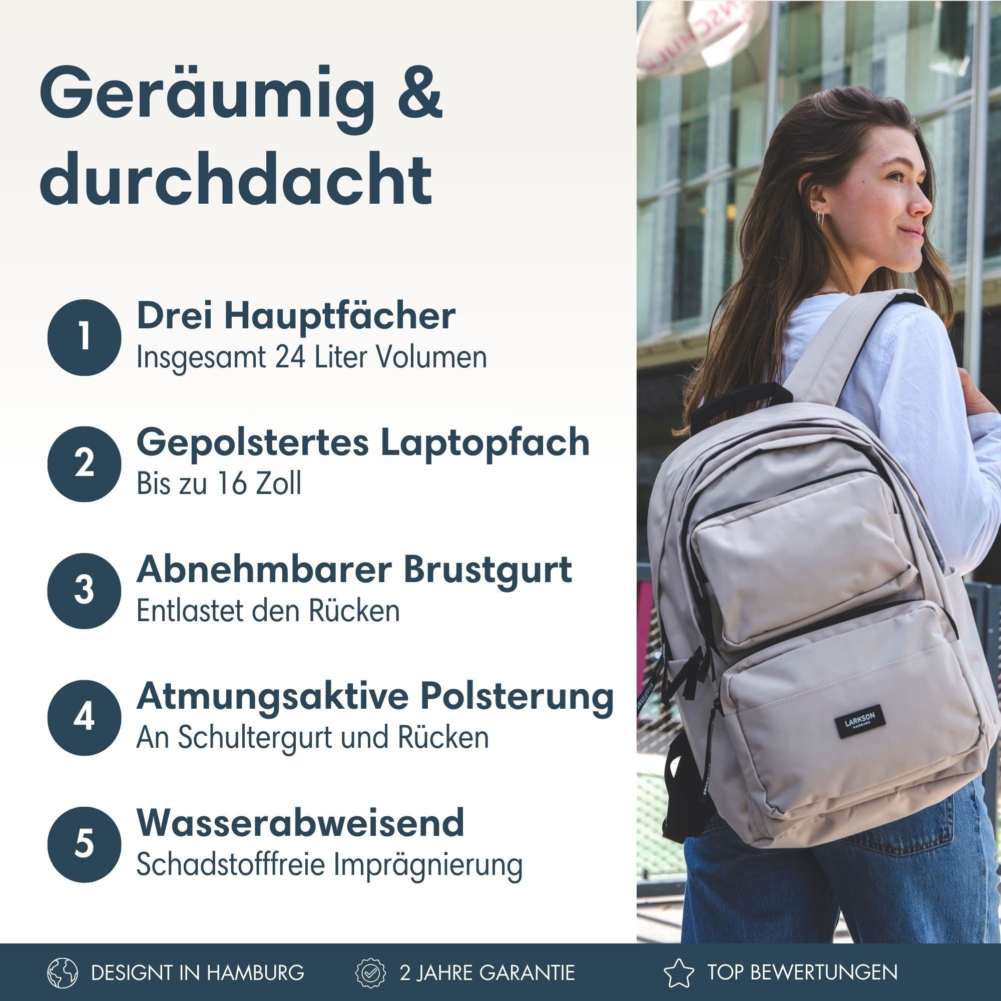 LARKSON Schulrucksack No 3 Advanced Rucksack für Schule, Mädchen Jungen (1-tlg), 3 Hauptfächer, Seitentasche, Laptopfach, Wasserabweisend
