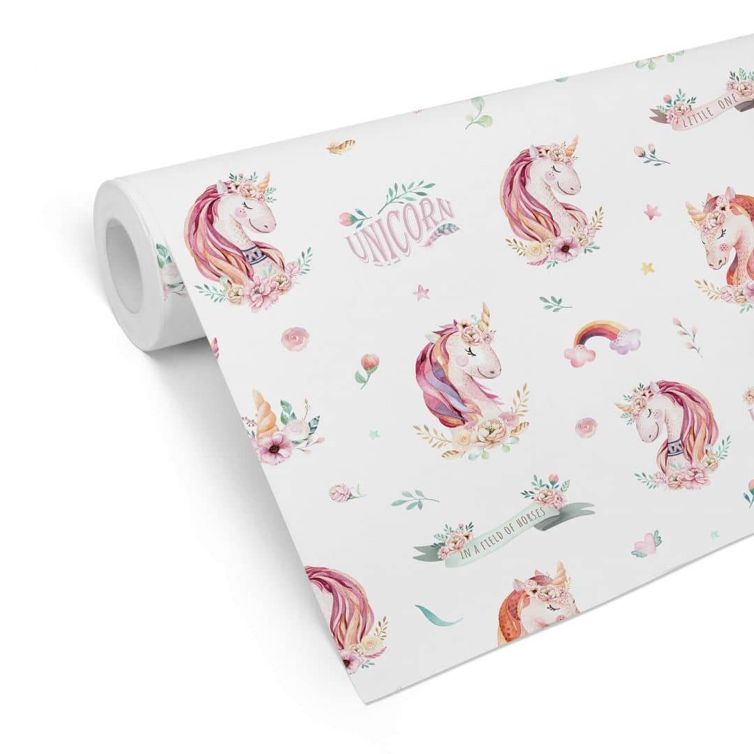 K&L Wall Art Mustertapete Kinderzimmer Vliestapete Baby Einhorn Prinzessin Rosa Mädchenzimmer, Einhornprinzessin Tapete