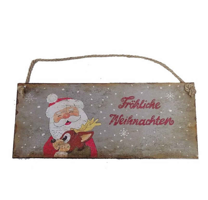 Linoows Metallschild Blechschild, Wandschild, Fröhliche Weihnachten, Santa Claus mit Rentier Weihnachtsschild 13x31 cm.