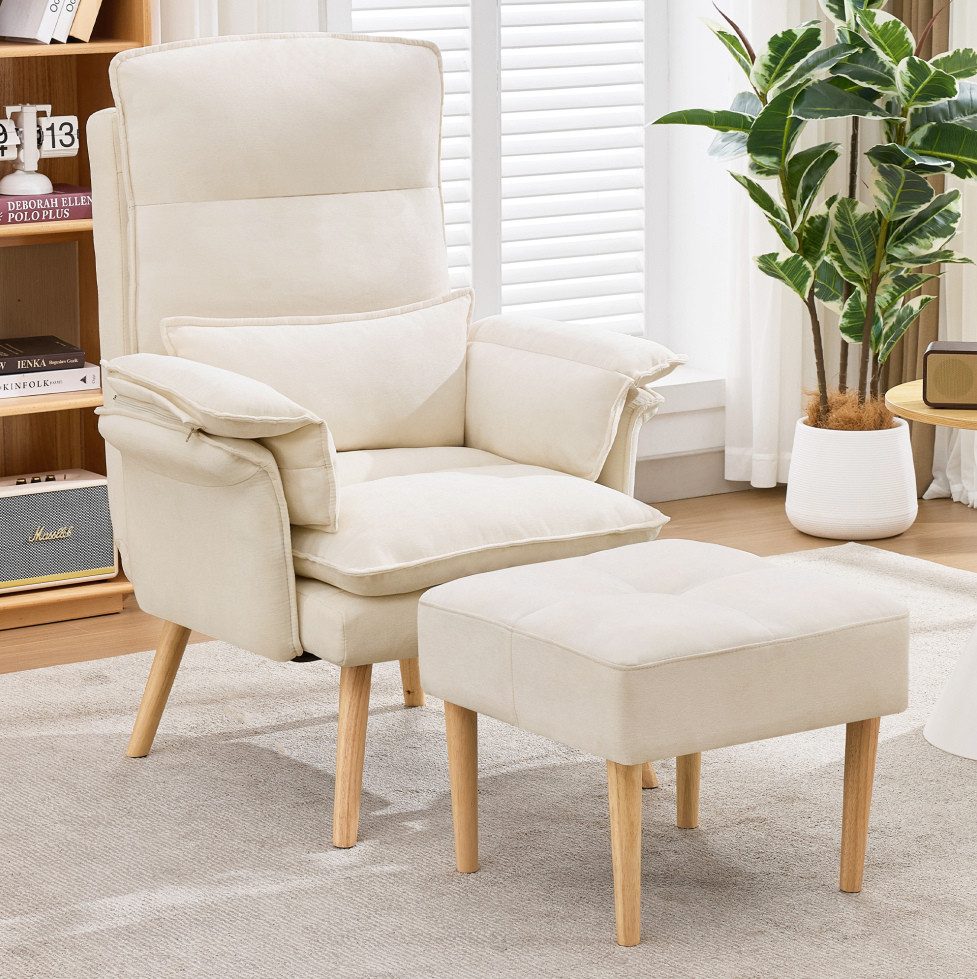 OKWISH Relaxsessel 5-fach verstellbarer Liegesessel mit Hocker (Beige, 85x78,5x112cm, 1-St., Relaxsessel inkl. Hocker), gepolstert, Lesesessel, 180° verstellbarer Lehne