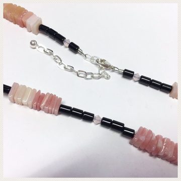 Edelschmiede925 Kette ohne Anhänger Pink Opal Plättchen + Onyx + Kristall 925 Silber 43-50 cm