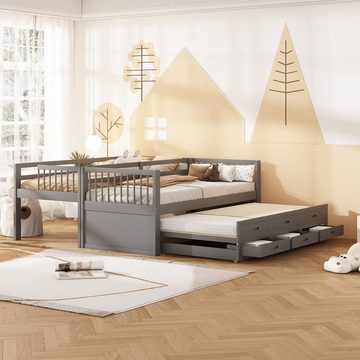 OKWISH Etagenbett Kinderbett, Hausbett für Mädchen und Jungen, Bett (mit Leiter undausziehbarem Bett und 3 Schubladen), Ohne Matratze