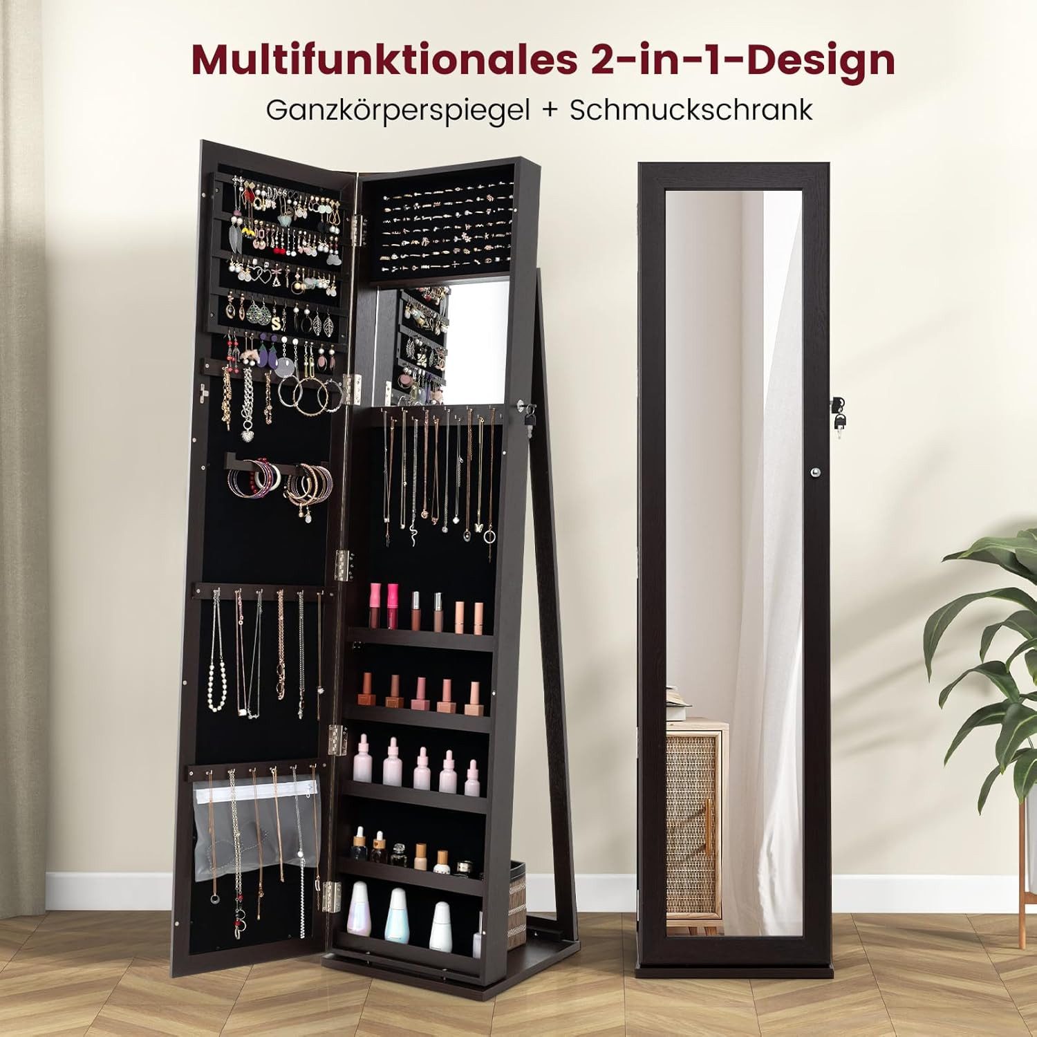 KOMFOTTEU Schmuckschrank Schmuckregal mit Ganzkörperspiegel,157,5x38x38cm günstig online kaufen