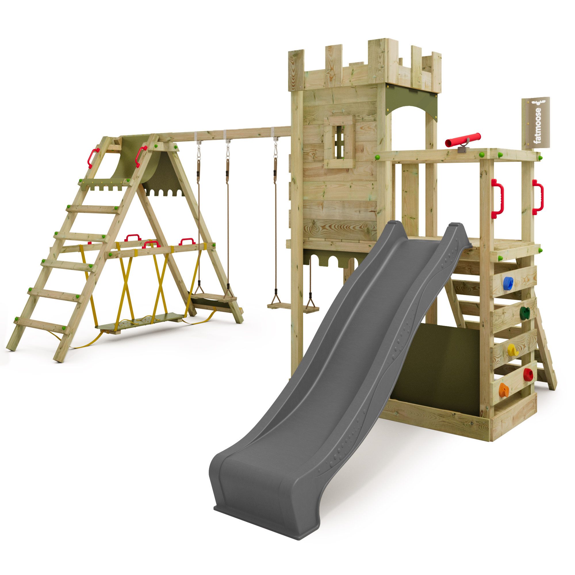 FATMOOSE Spielturm Boldbaron – Spielturm mit SurfSchaukel, Rutsche & Kletterwand, Abenteuerliche Ritterburg für kleine Entdecker – 10 Jahre Garantie*