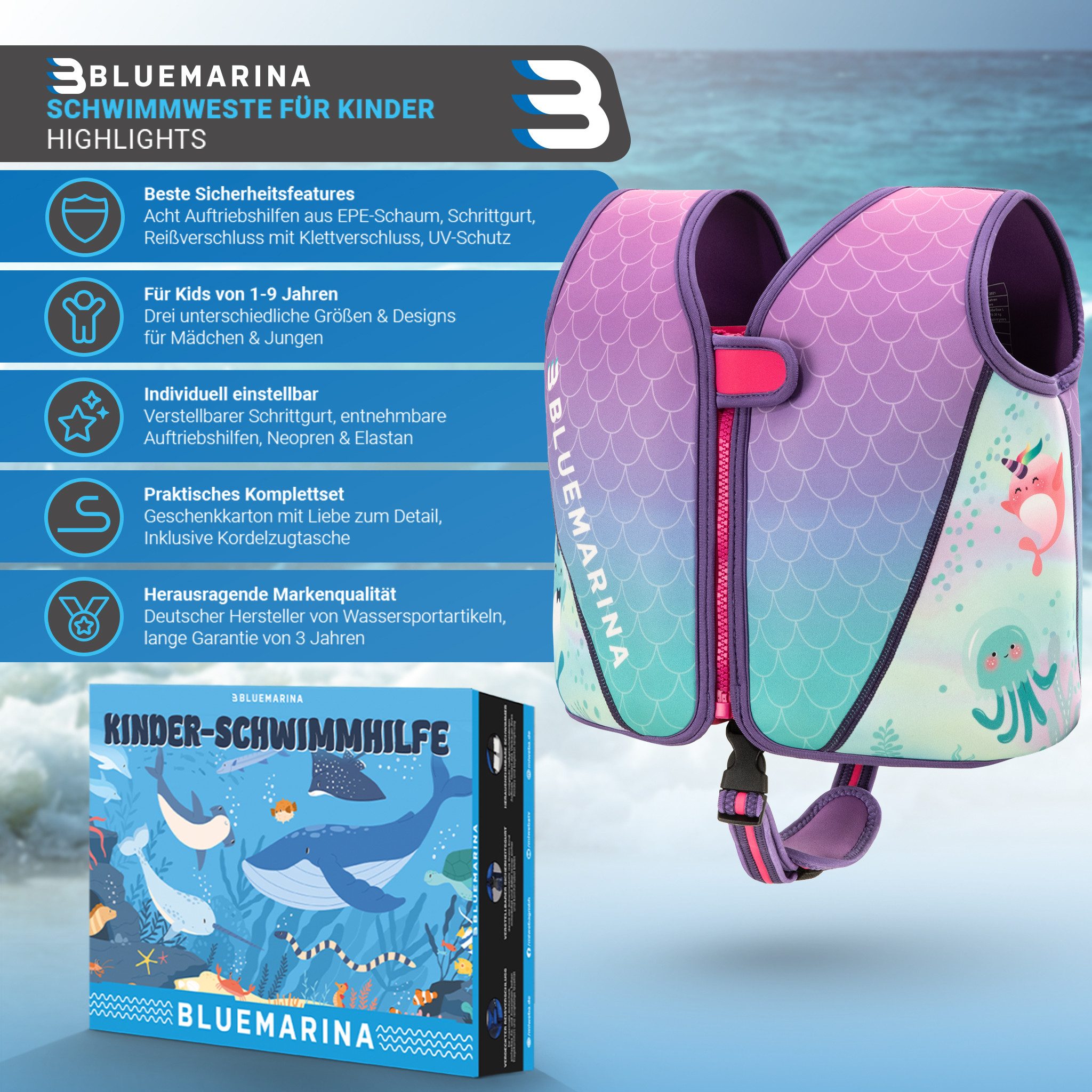 Bluemarina Schwimmweste für Kinder - Verschiedene Größen von Kleinkind bis Baby, Schwimmlernhilfe - Schwimmhilfe - Schwimmflügel - 1-9 J.