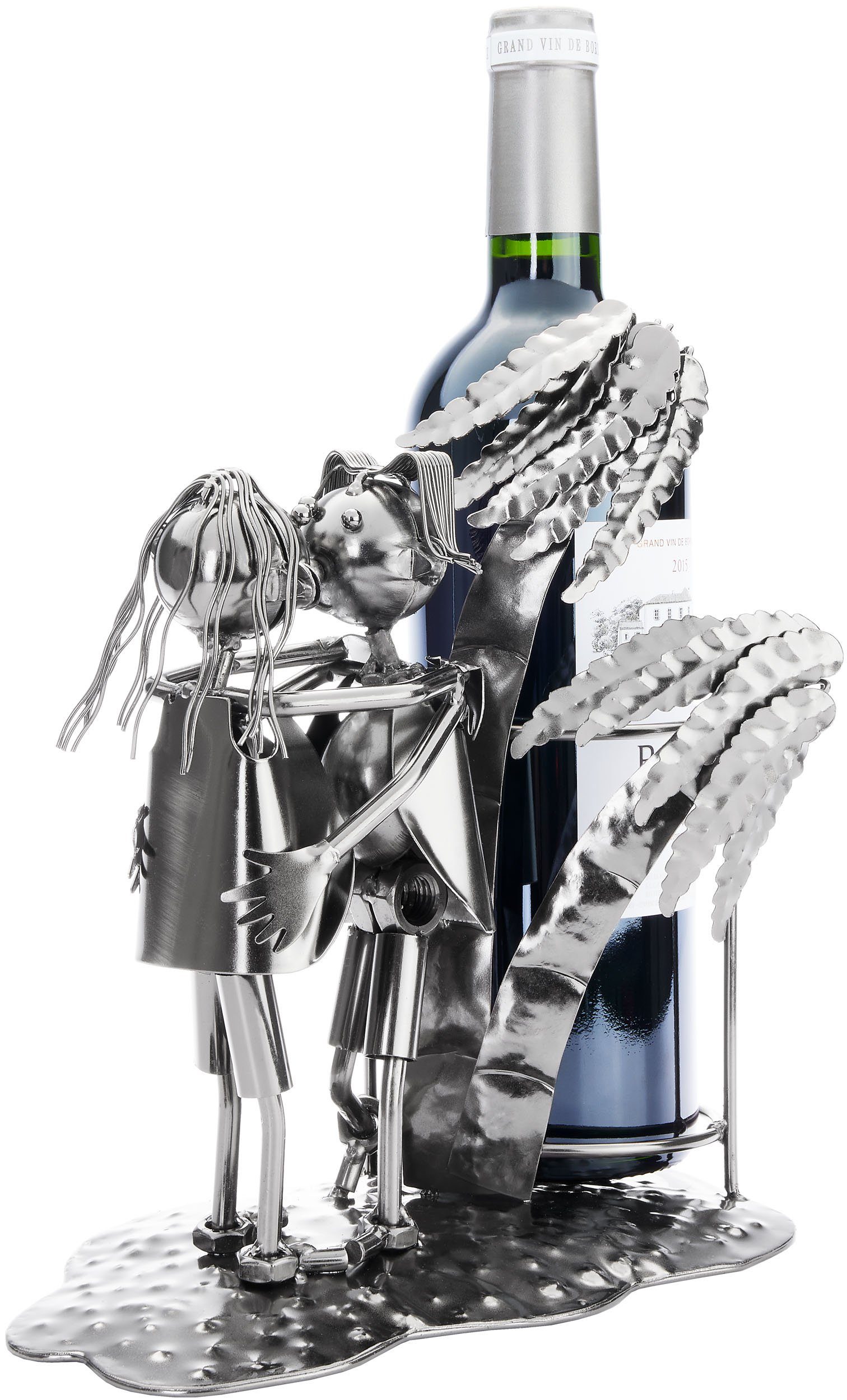 BRUBAKER Weinflaschenhalter Liebespaar mit Palmen - Metall Flaschenhalter Urlauber Paar am Strand, (1-St., Wein Geschenk zum Valentinstag), 24 cm Flaschenständer Dekoration mit Grußkarte