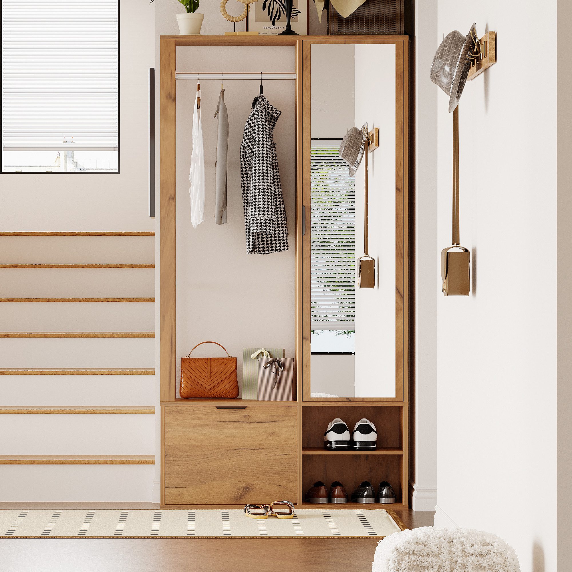 Merax Garderoben-Set 6-in-1 Garderobenschrank in Holzoptik Eingangsbereich-Schrank, (platzsparender Eingangsbereich-Schrank aus Spanplatte, 1-St., 100x33x190 cm), Flurschrank mit Spiegel, Kleiderstange, 9 Stauraumfächern & Klapptür