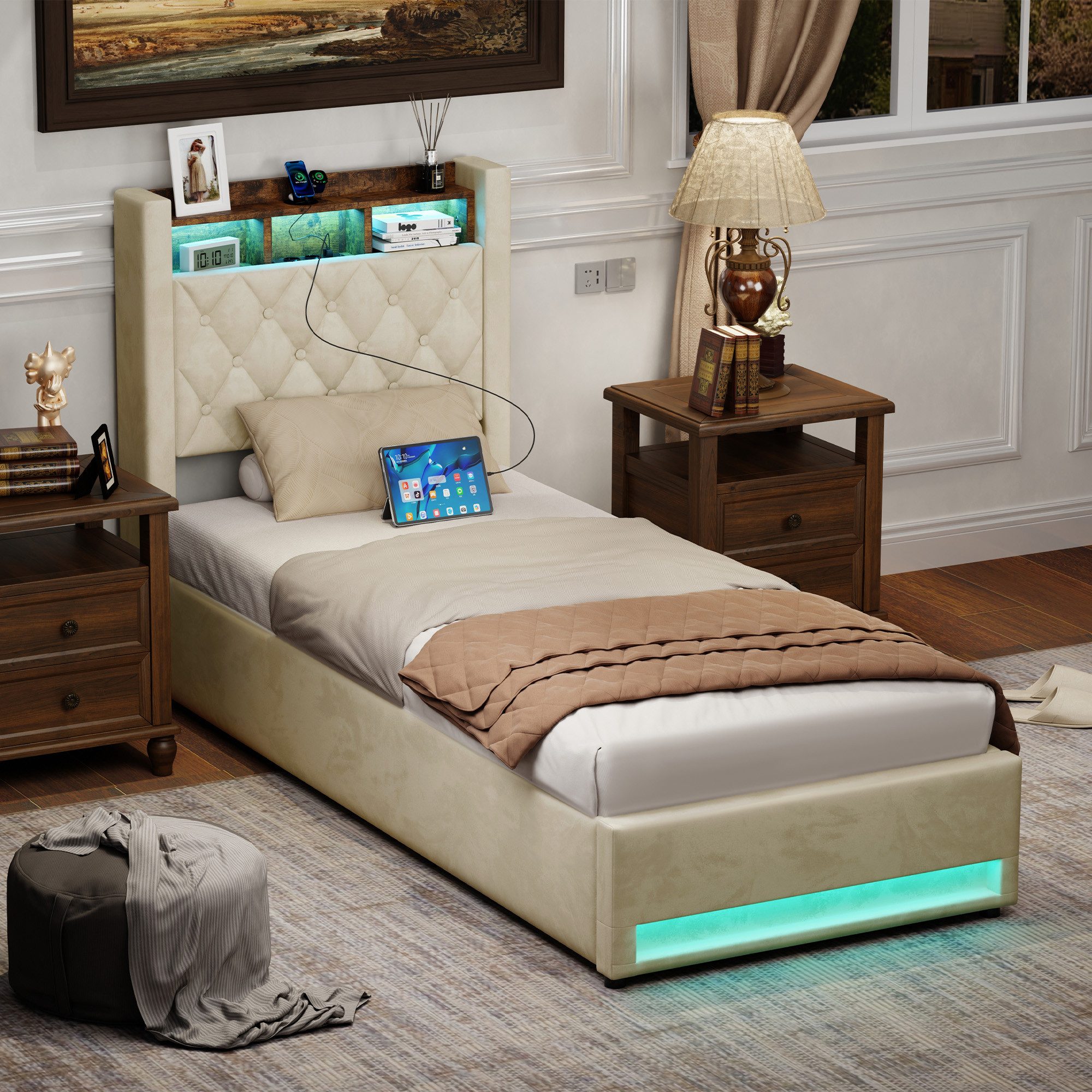 HAUSS SPOLE Polsterbett 90x200cm mit USB, 2 Steckdosen, LED-Beleuchtung Metallrahmen Beige