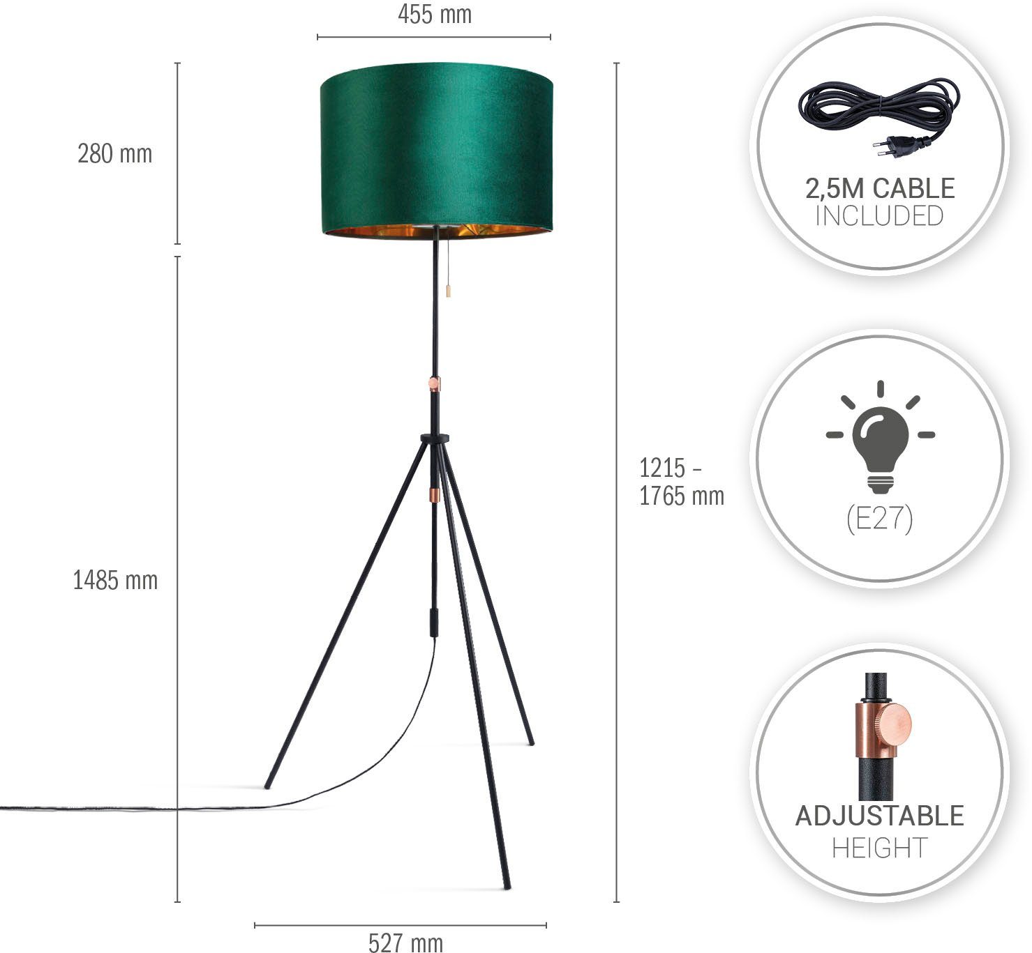 Paco Home Stehlampe bis 121,5 Höhenverstellbar Velour 176,5 cm uni ohne Color, Wohnzimmer Zugschalter Naomi Leuchtmittel