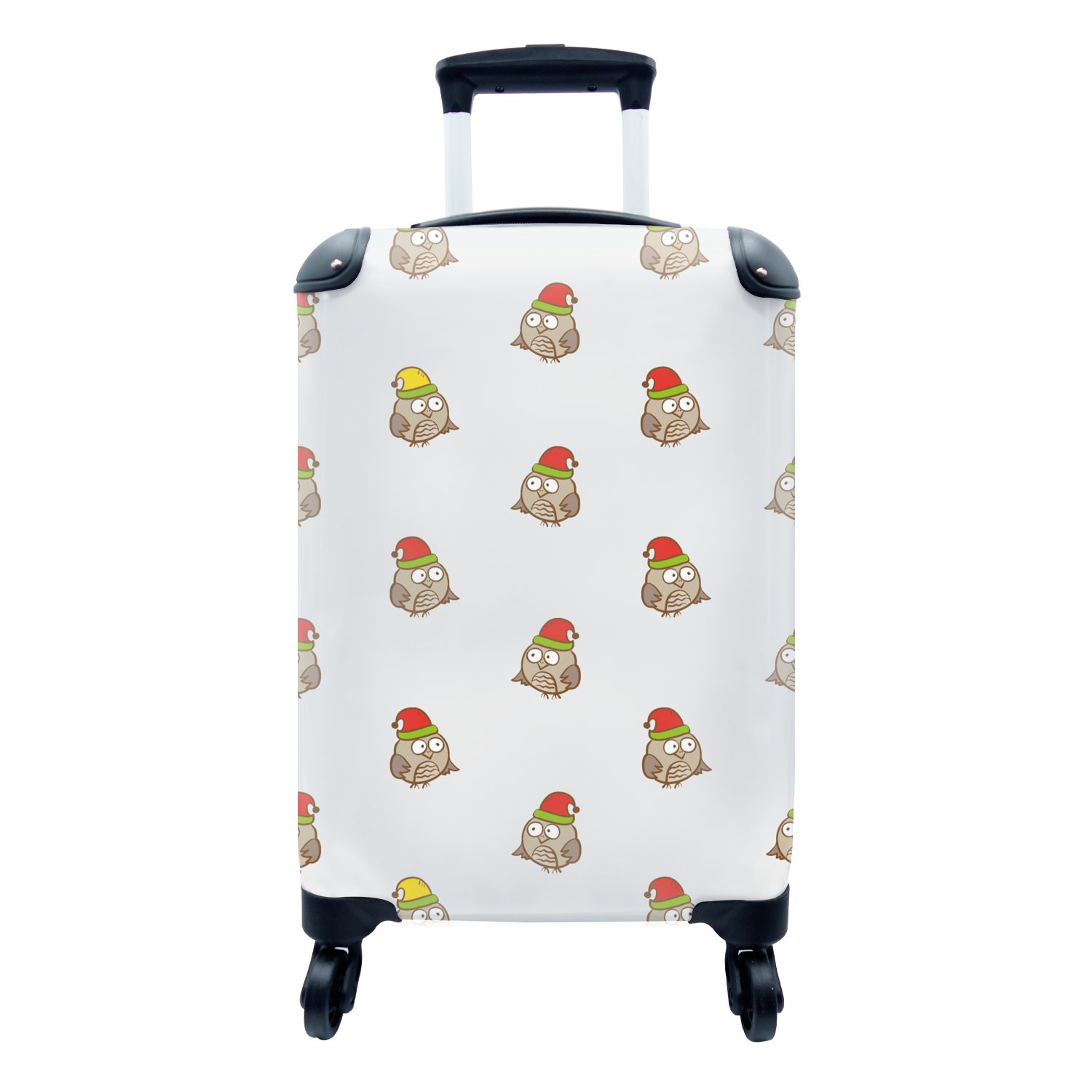 Design, mit - - Reisetasche Handgepäck Reisekoffer Weihnachtsmannmütze für Cartoon MuchoWow Trolley, - - 4 Eule Handgepäckkoffer Rollen, rollen, Ferien, Kind