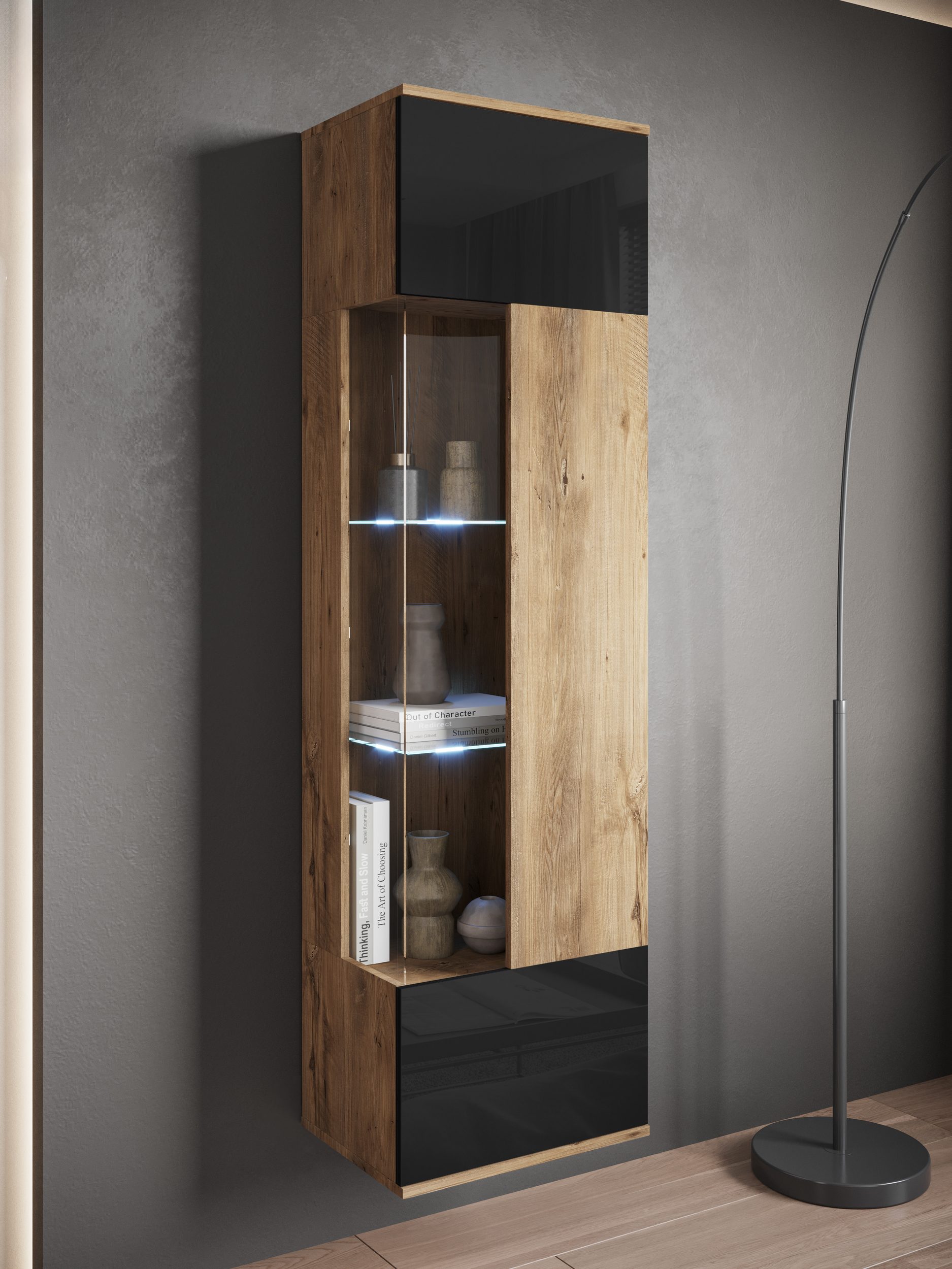 Vitrine KENIA Kastanie Breslau / Schwarz Hgl - Einrichtungsbeispiel