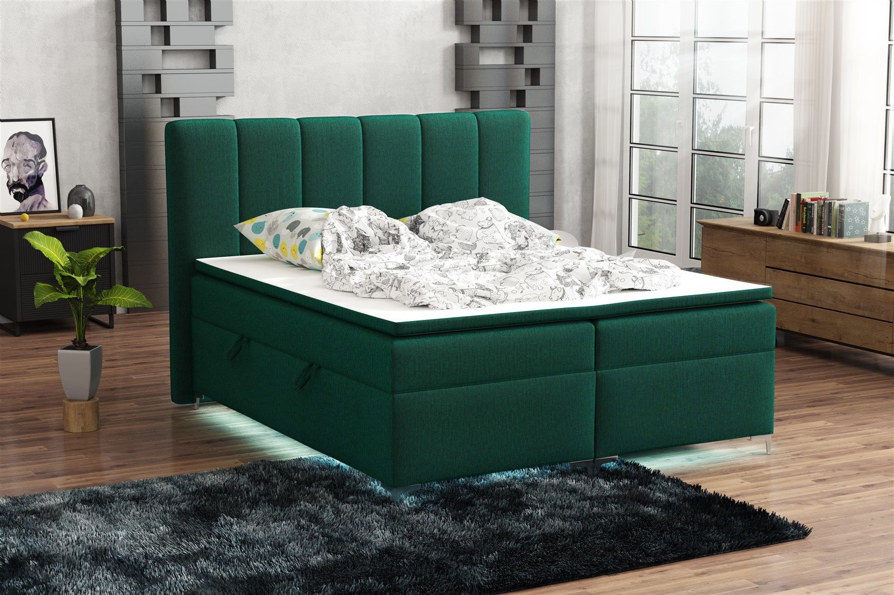 Fun Möbel Boxbett Bett Schlafzimmerbett ANGEL inkl. LED-Beleuchtung (Bettkasten Beleuchtet, inkl. Fernbedienung für die LED-Beleuchtung), Inkl. Topper und Bettkasten