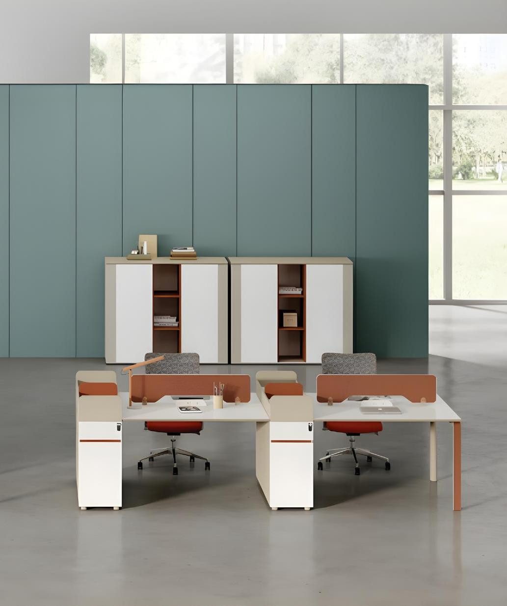 Büro-Set Schreibtisch für 4 Personen mit 2 Schränken - Büromöbel aus Holz