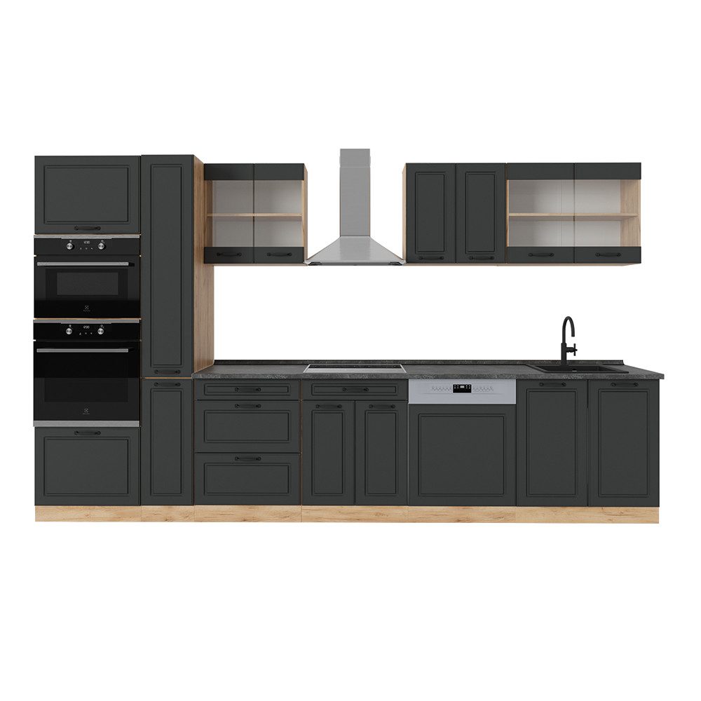 Vicco Küchenzeile R-Line, Anthrazit Landhaus/Goldkraft Eiche, 350 cm ohne Arbeitsplatte