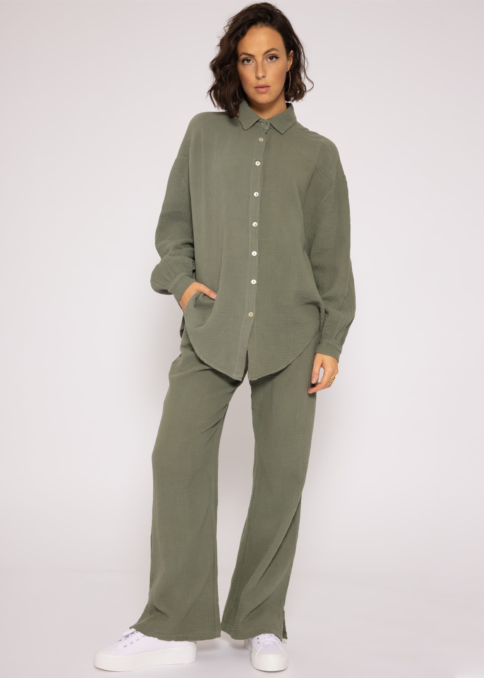 Baumwolle (Gr. Size Oversize aus SASSYCLASSY 36-48) lang V-Ausschnitt, One Damen Khaki mit Longbluse Bluse Langarm Hemdbluse Musselin