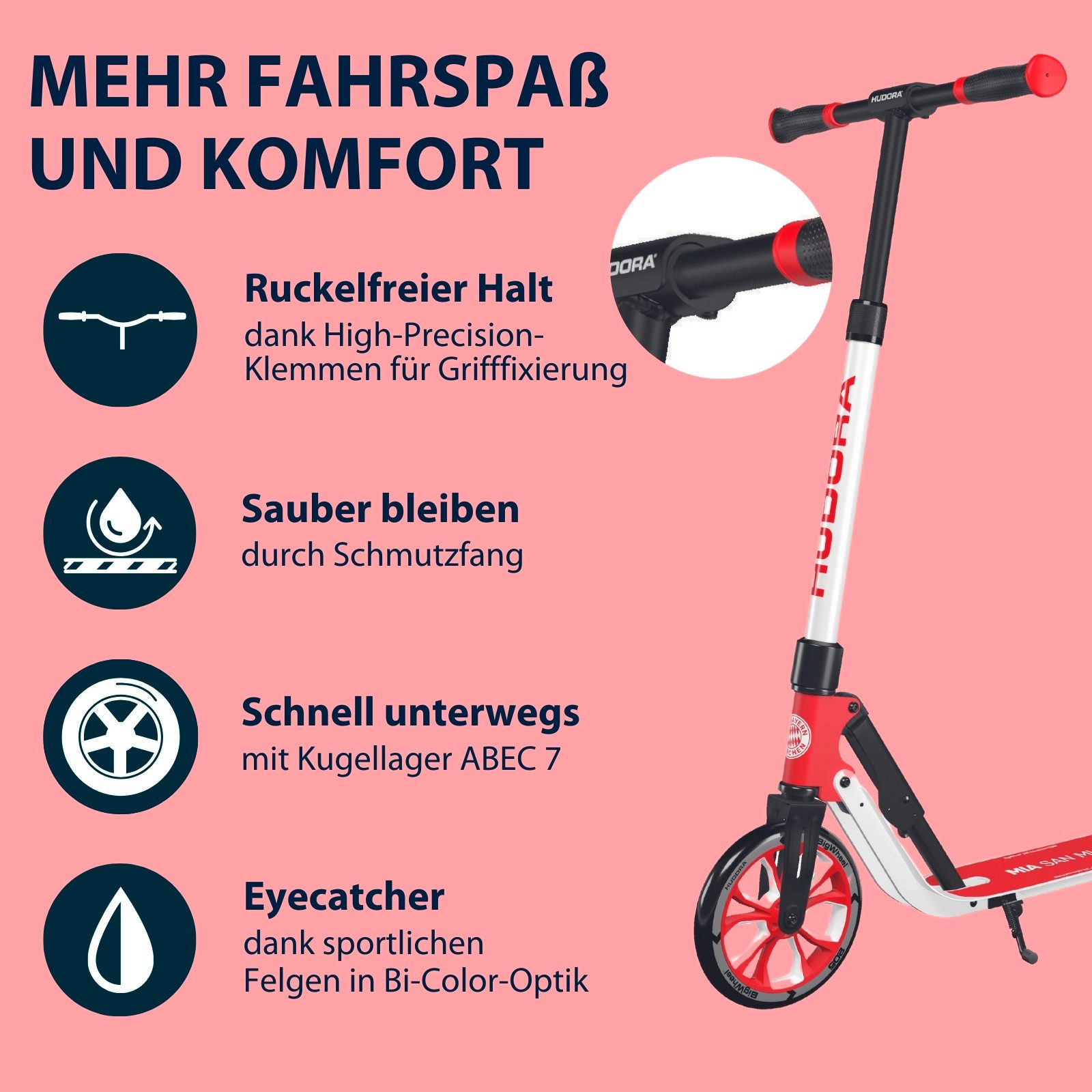 Hudora Cityroller BigWheel® 205 Advanced, Lizenzierter FC Bayern München Fan-Scooter, bis zu 100 kg - Höhenverstellbar- Zusammenklappbar