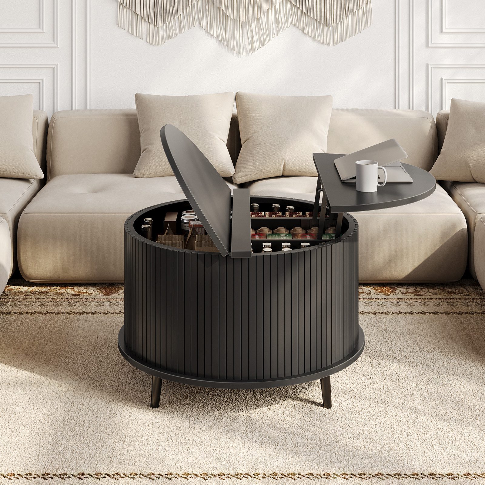 Yanosaku Couchtisch mit Liftfunktion, rundem Rippen-Design & Stauraum., Höhenverstellbare Tischplatte, versteckter Stauraum, Rippendesign
