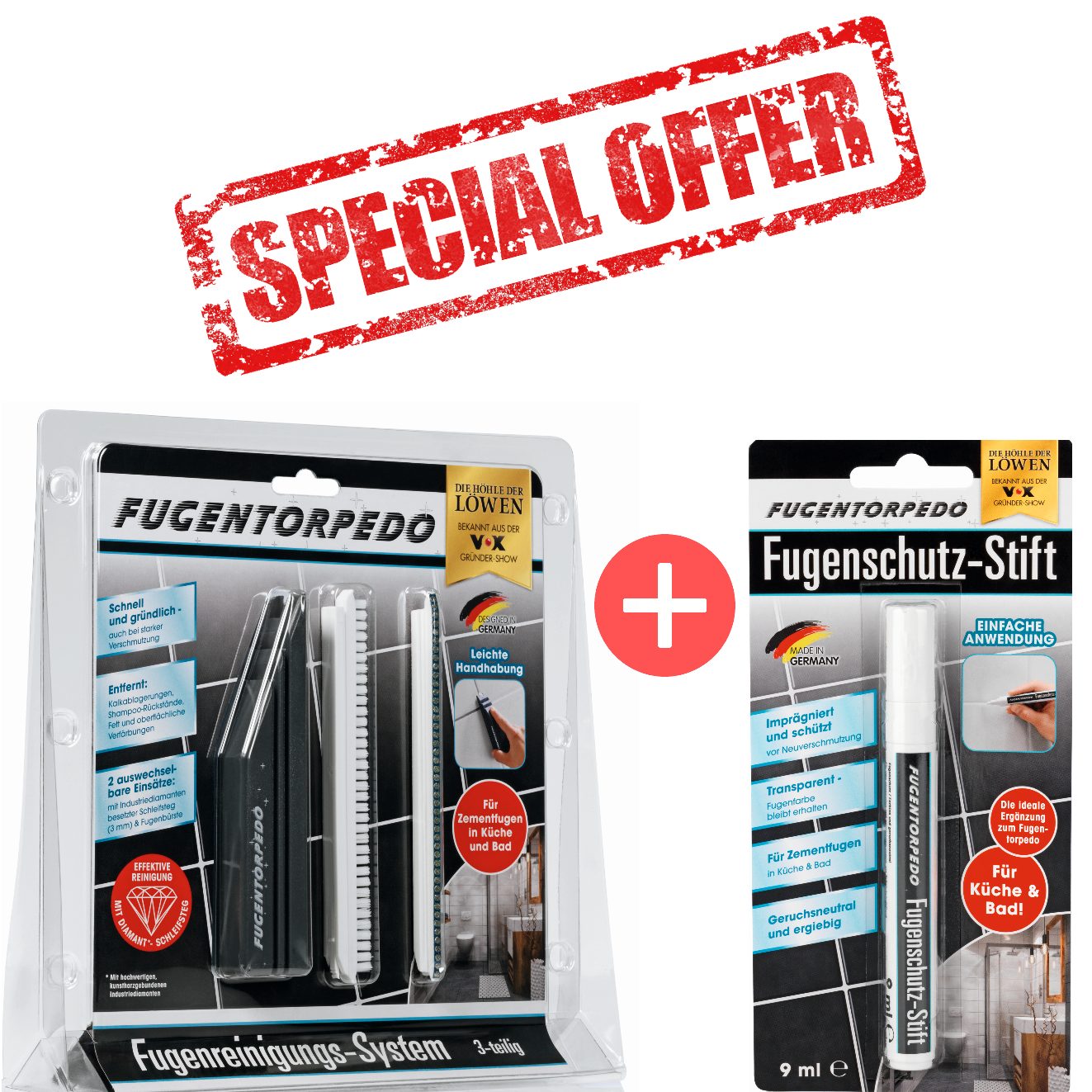 FUGENTORPEDO Fugenbürste Fugentorpedo Basis Set 3-teilig und Fugenschutzstift Starterset, (1-tlg)