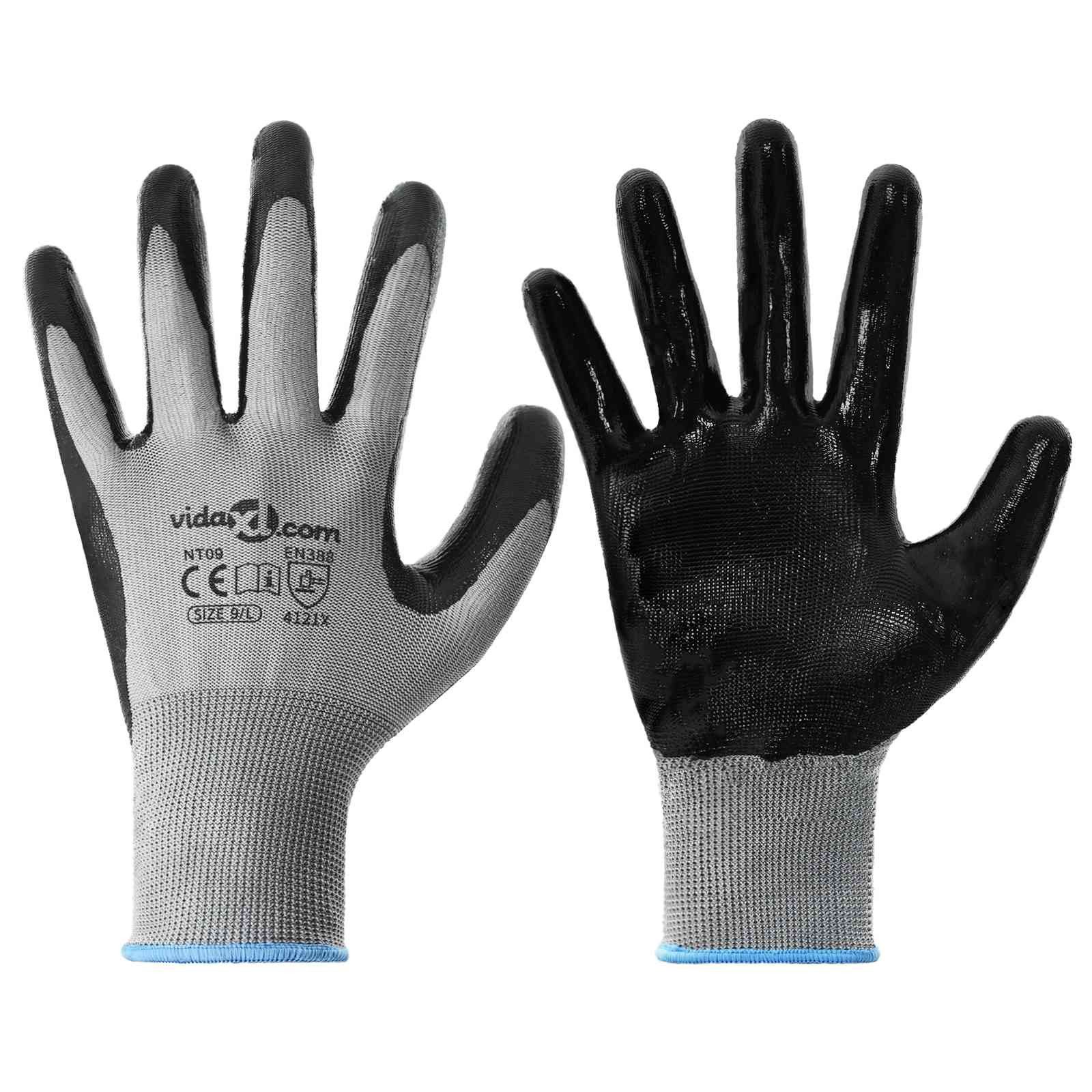 vidaXL Arbeitshandschuh-Set Arbeitshandschuhe 12 Stk. Grau und Schwarz 9 / l Polyester (12-St)