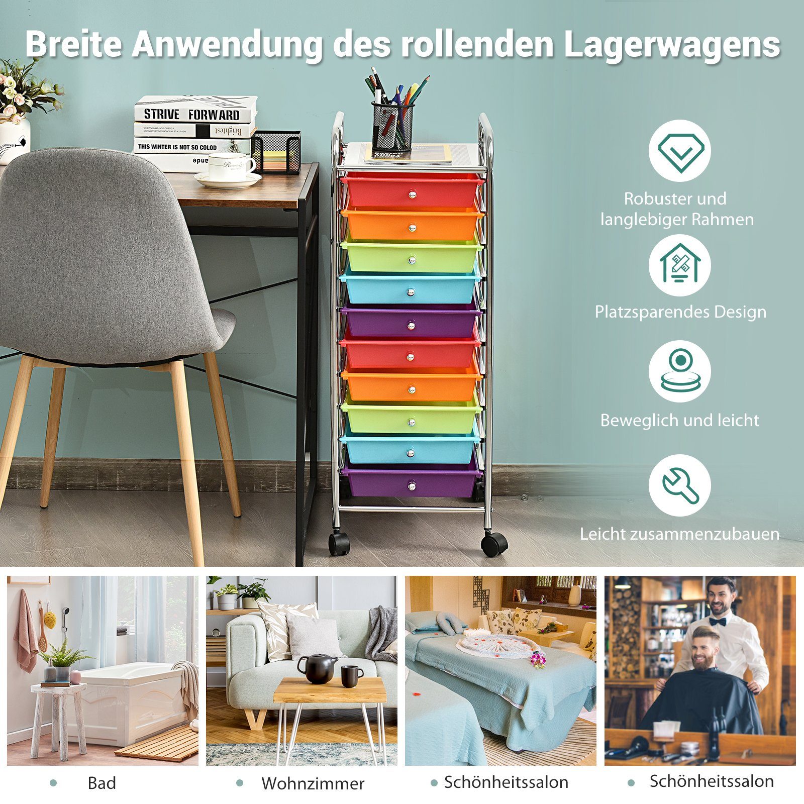 COSTWAY Rollwagen, mit 10 stapelbaren Schubladen, auf Rollen Metallgestell