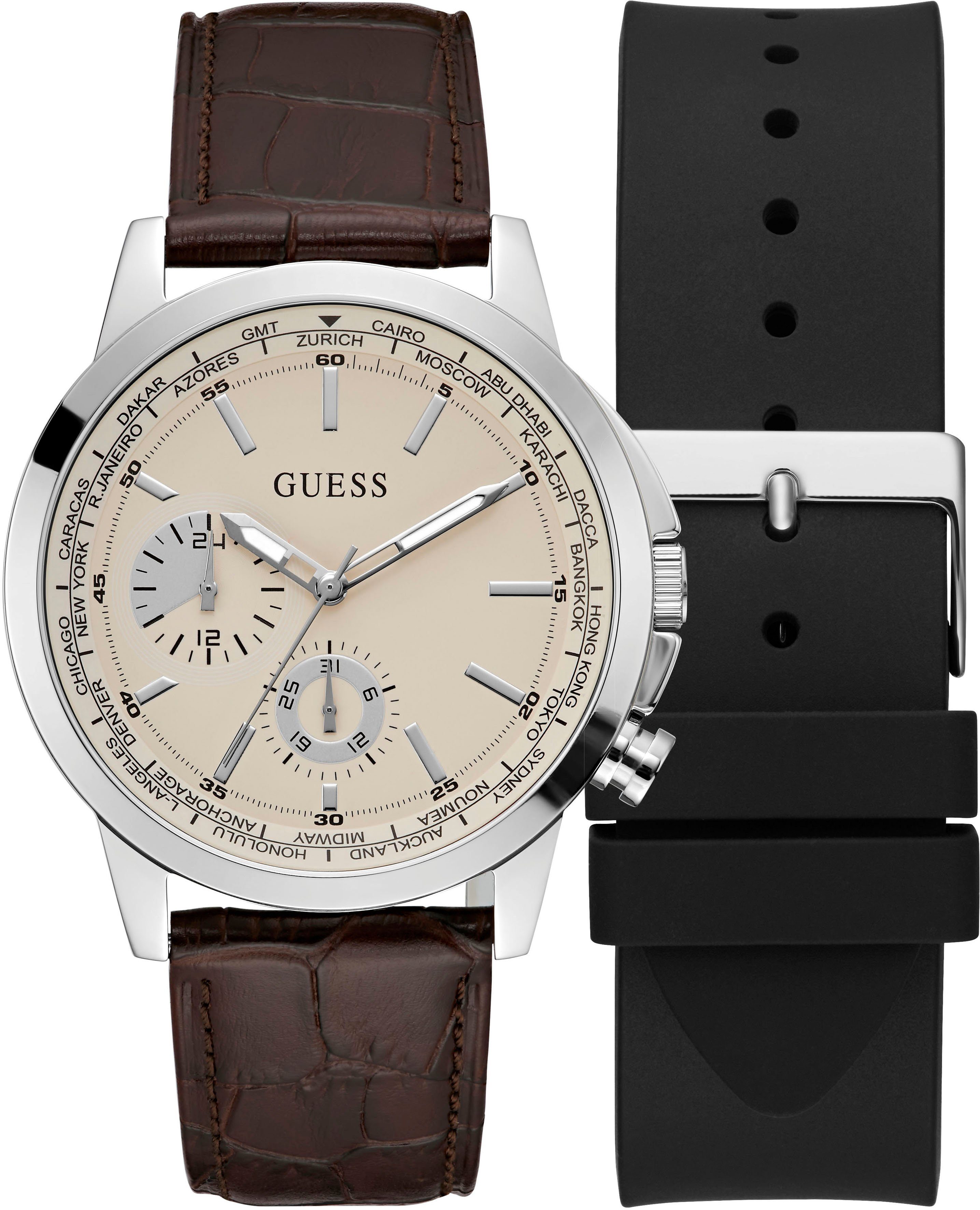 Guess Multifunktionsuhr SPEC GW0664G1, (Set, 2-tlg., mit schwarzem Silikonwechselband), Armbanduhr, Quarzuhr, Herrenuhr
