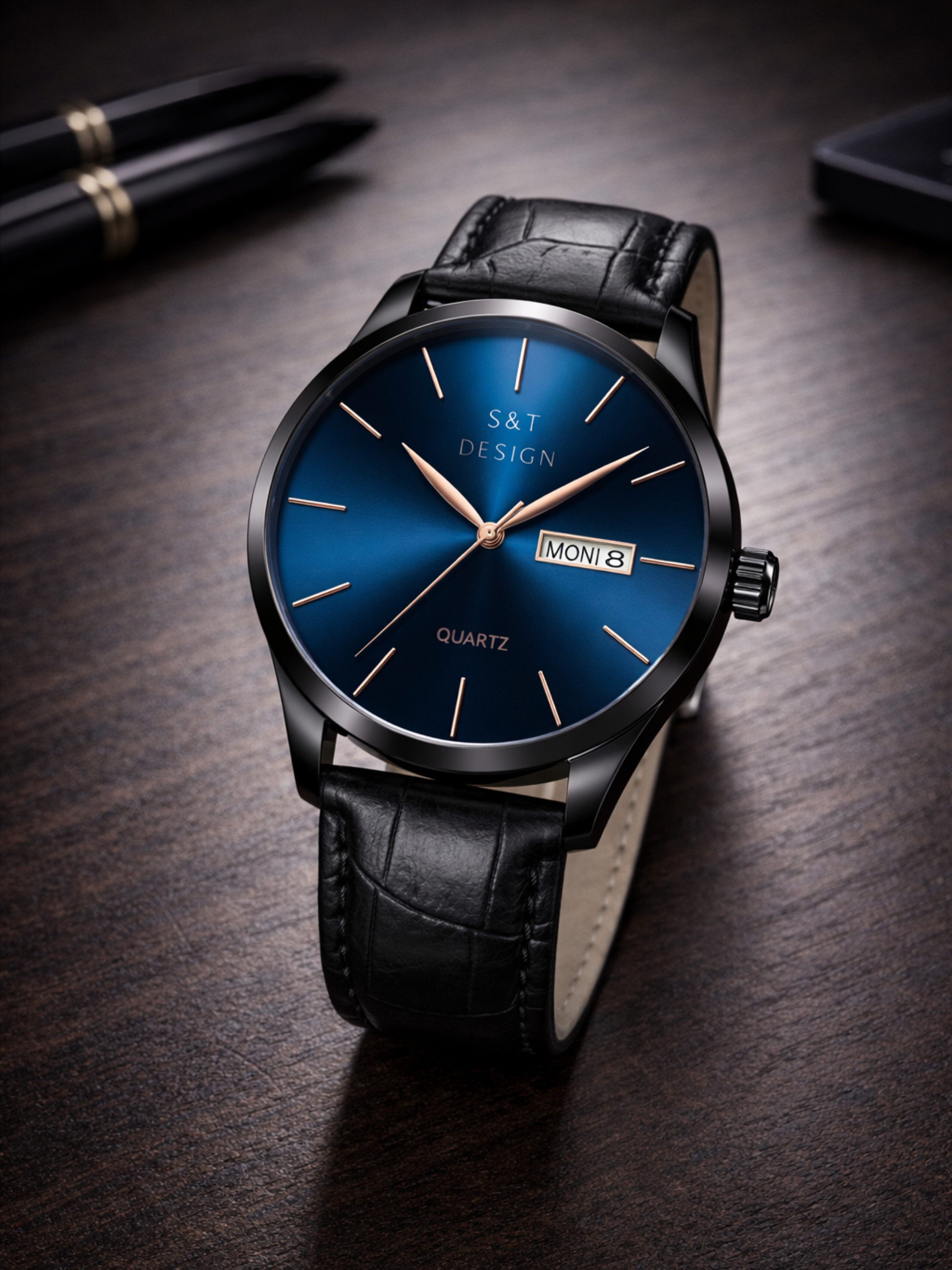 S&T Design Quarzuhr Herren Uhr Leder Armbanduhr Herrenuhr, (Packung, inkl. Uhrendose), Männer Uhr Schwarz Datum Wasserdicht 3Bar